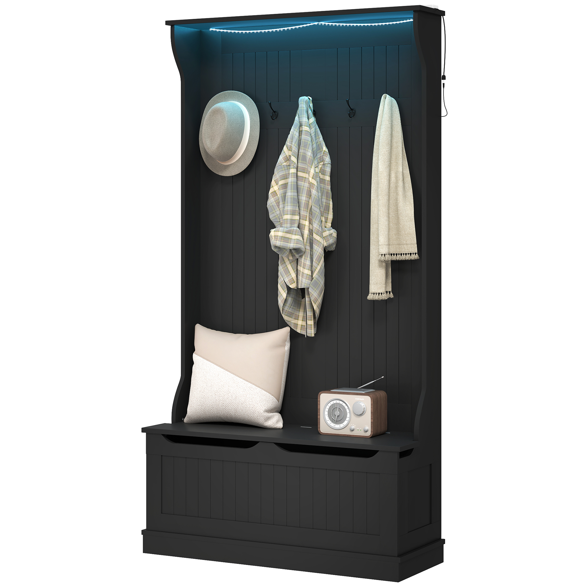 HOMCOM 3-In-1 Entryway Bench with LED Lights and Coat Rack, Hall Tree with Bench and Shoe Storage, 5 Hooks for Hallway Black