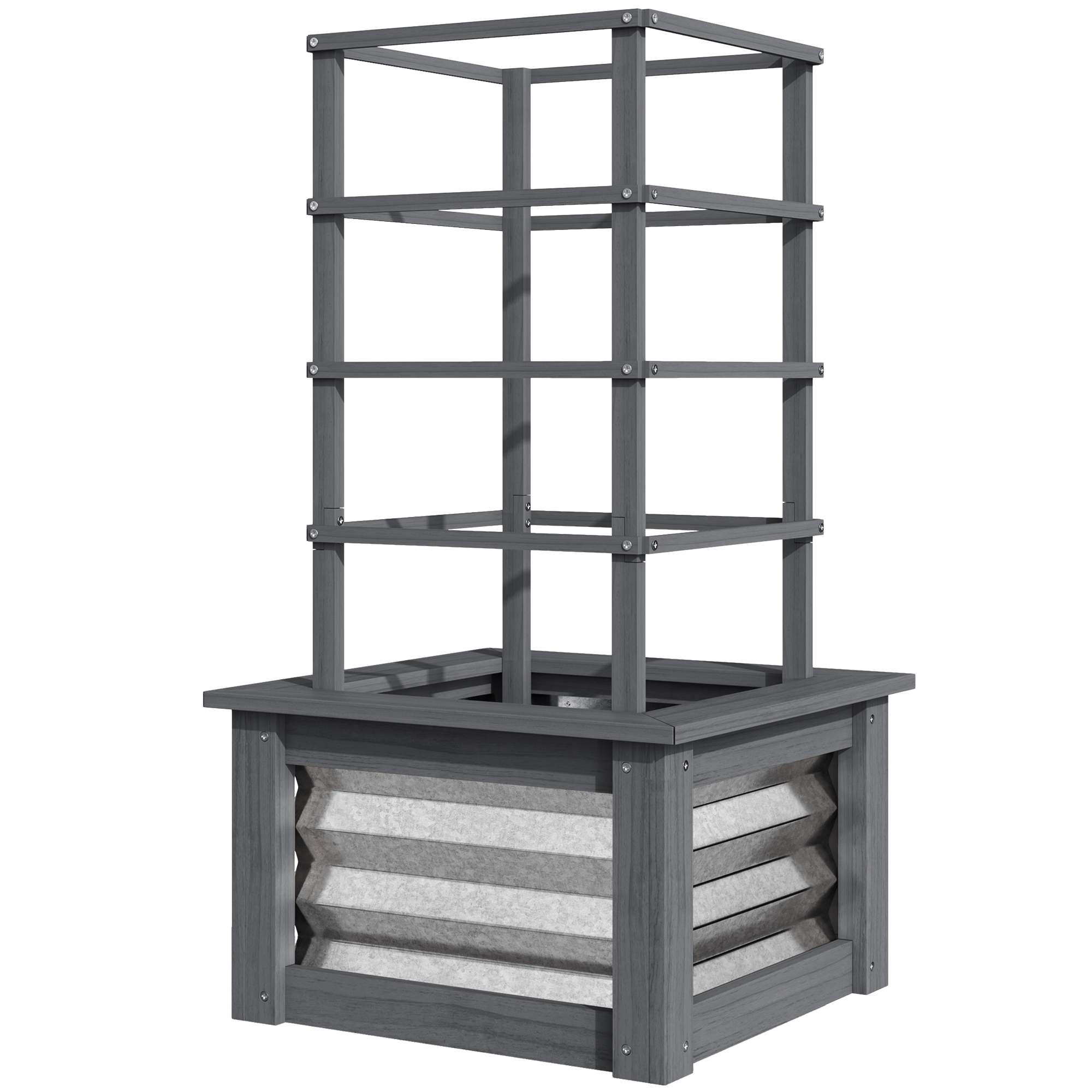 Outsunny Wooden Raised Garden Bed with Trellis, Galvanized Planter Box Elevated Garden Bed for Garden, Patio, Gray
