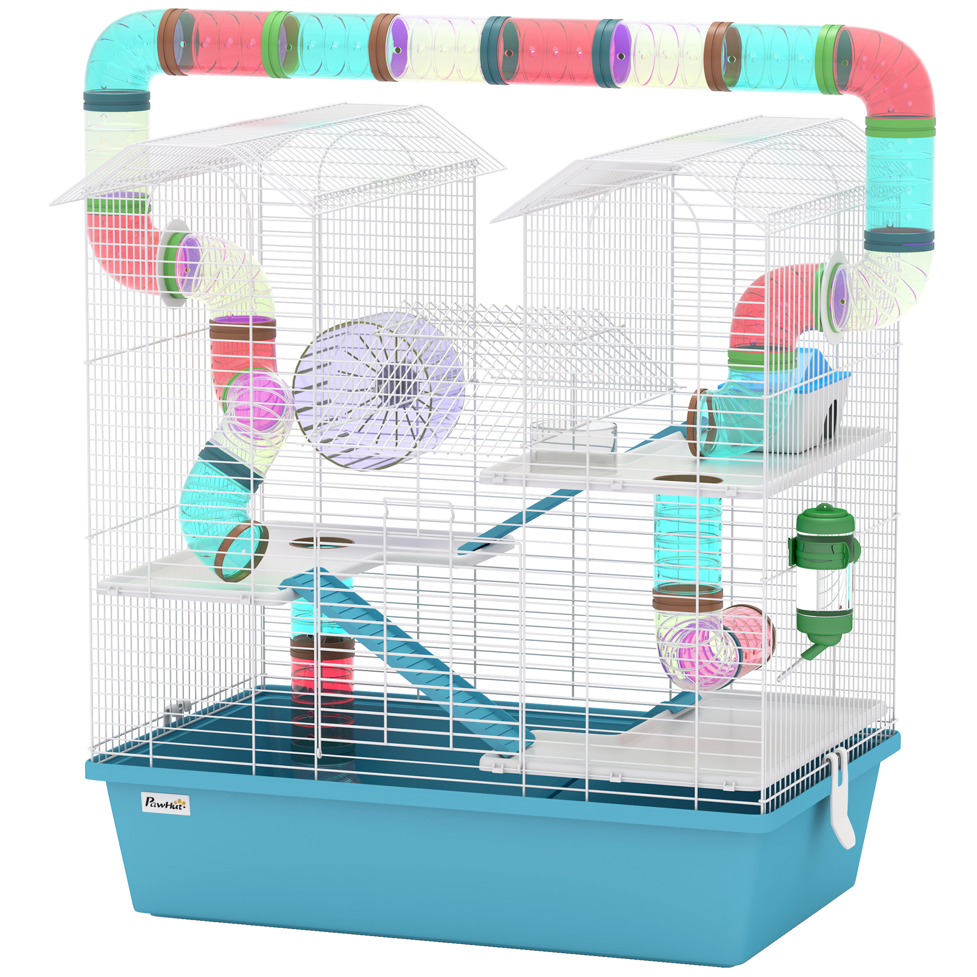 PawHut 4-Tier Hamster Cage with Tubes, Exercise Wheel, Hut, Water Bottle, Food Dish, Ramps, 22.8 x 14.2 x 25.6, Light Blue