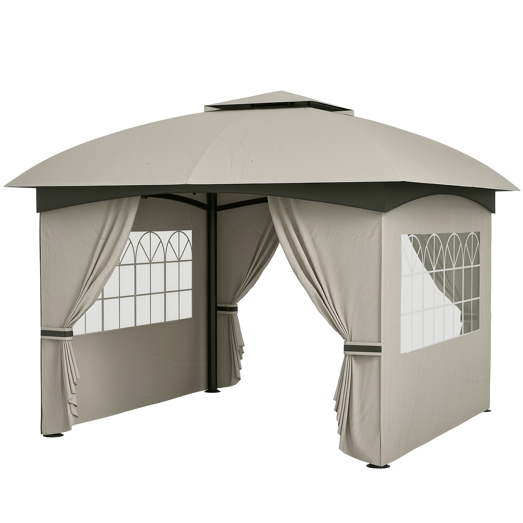 Outsunny 11&#039; x 11&#039; OutdoorÂ Gazebo,Â DoubleÂ Roof Patio Gazebo with Curtains, Church Windows, Galvanized Steel Frame, Light Gray