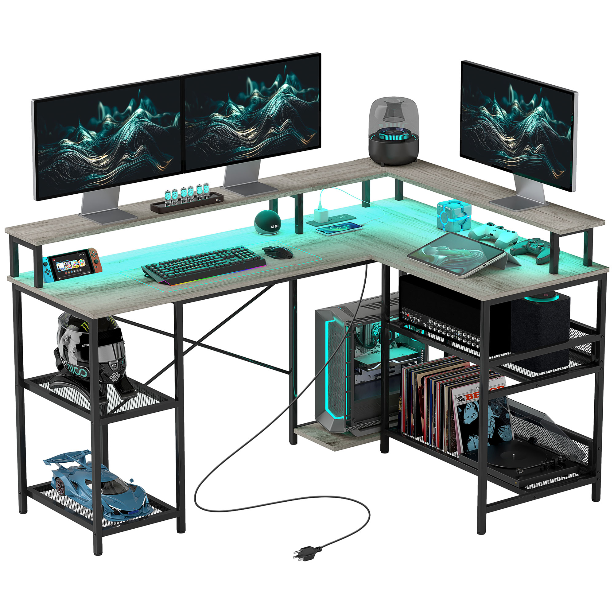 HOMCOM 59 L Shaped Desk with Storage, Corner Desk with LED Lights and Power Outlets for Home Office, Small Space, Gray