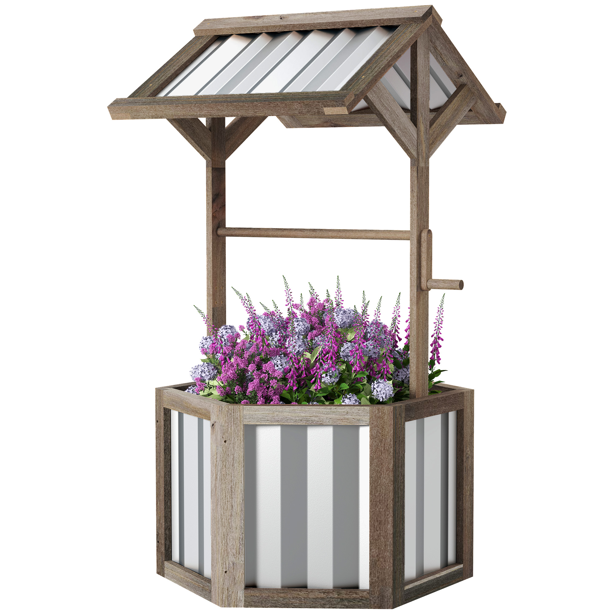Outsunny Wooden Wishing Well Planter, Raised Garden Bed with Galvanized Canopy, Hexagon Raised Flower Bed for Garden, Light Gray