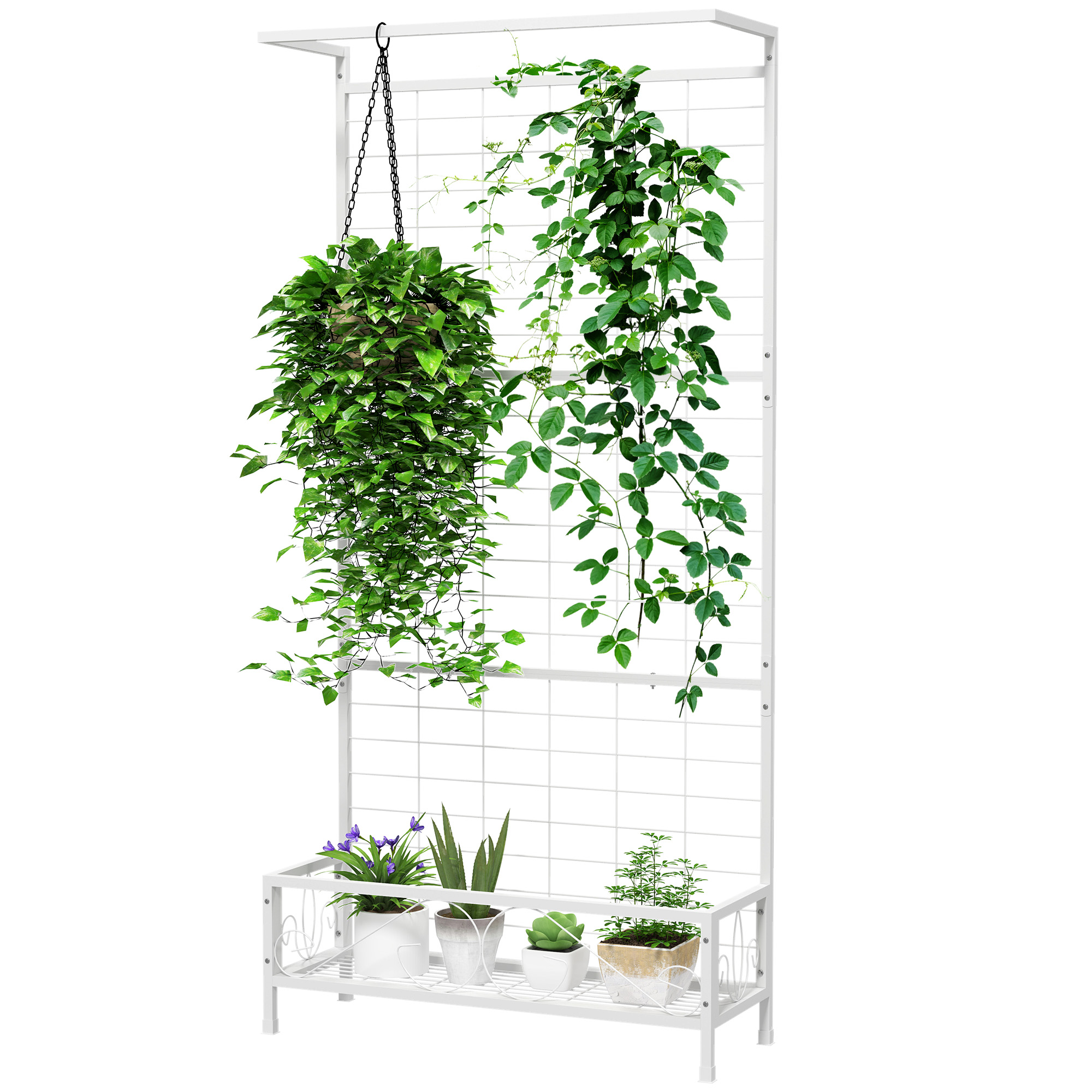 Outsunny Metal Tall Plant Stand with Trellis and Hanging Bar, Plant Holder for Indoor Outdoor Use, 36 x 12.8 x 74, White