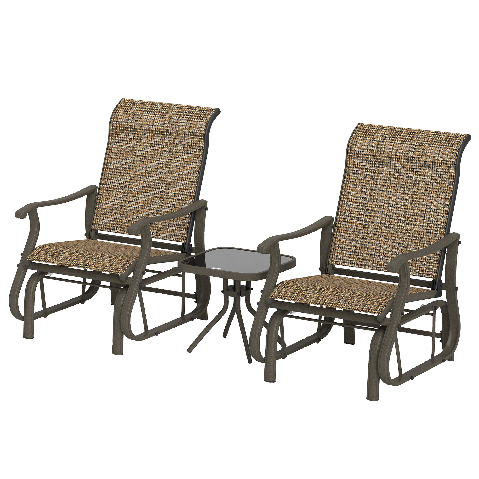 Outsunny 3-Piece Outdoor Gliders Set Bistro Set with Steel Frame, Tempered Glass Top Table for Patio, Garden, Light Mixed Brown