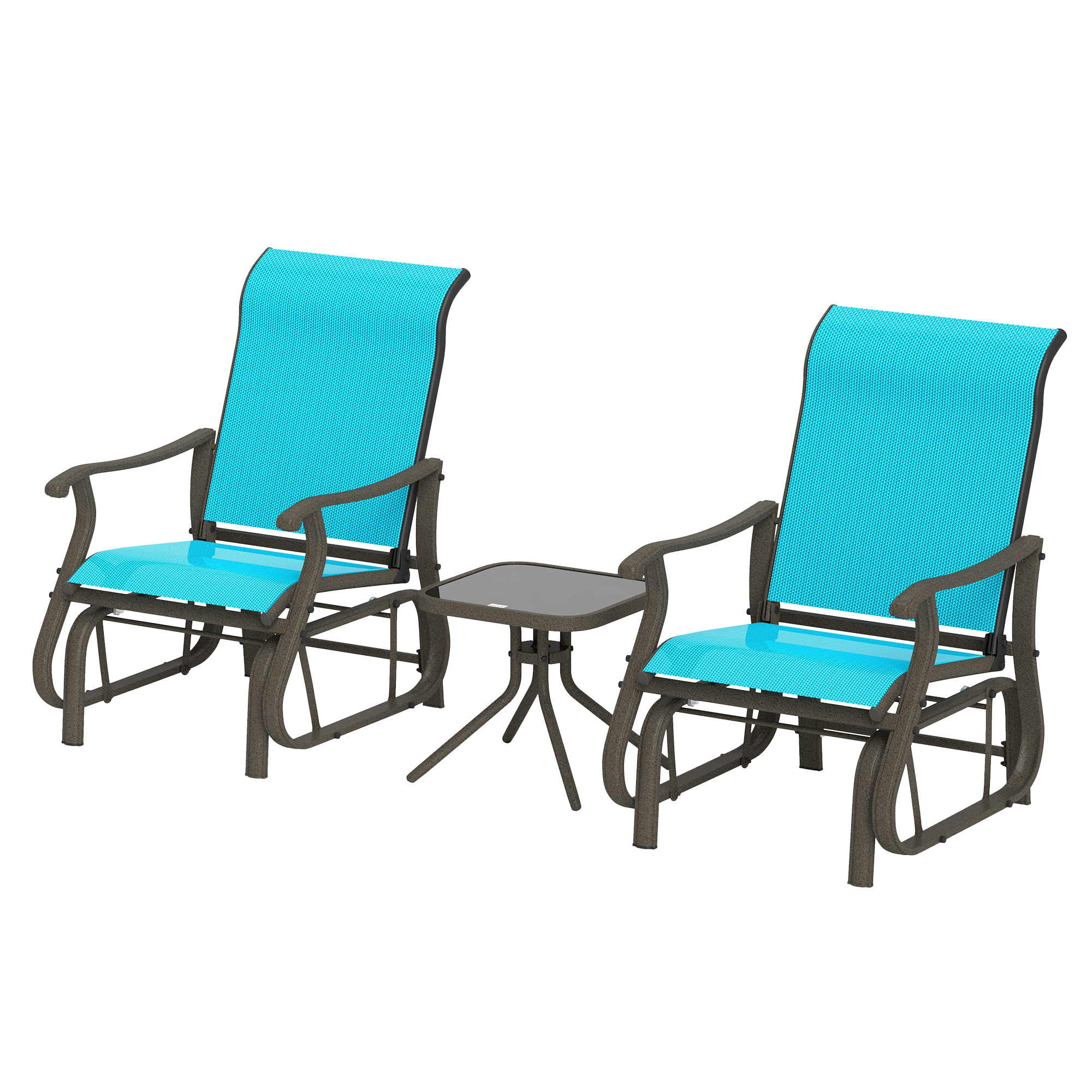 Outsunny 3-Piece Outdoor Gliders Set Bistro Set with Steel Frame, Tempered Glass Top Table for Patio, Garden, Bright Blue