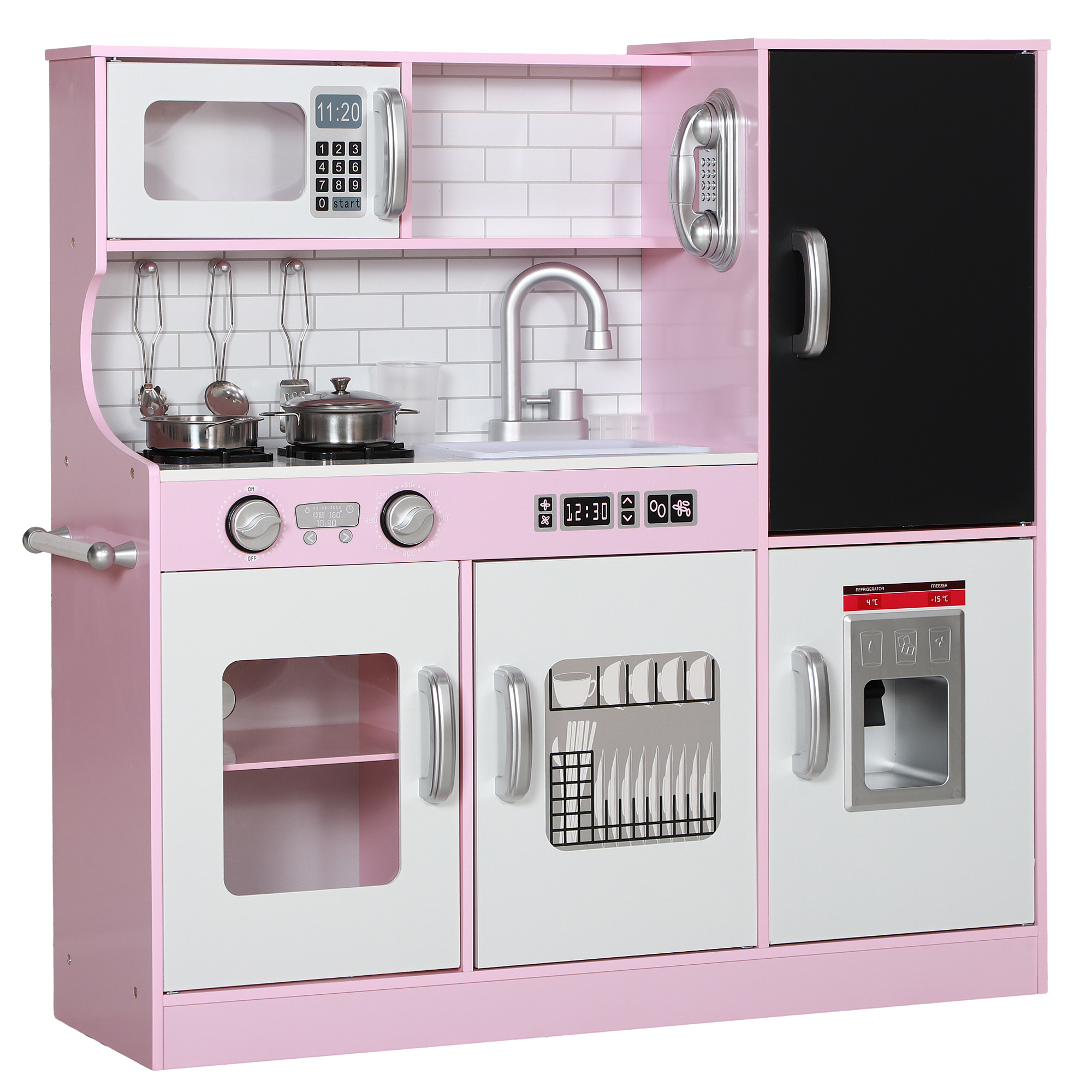 Qaba Pretend Play Kitchen, Kids Kitchen Playset with Play Phone, Chalkboard, Towel Rack &amp; Ice Maker for 3-8 Years Pink