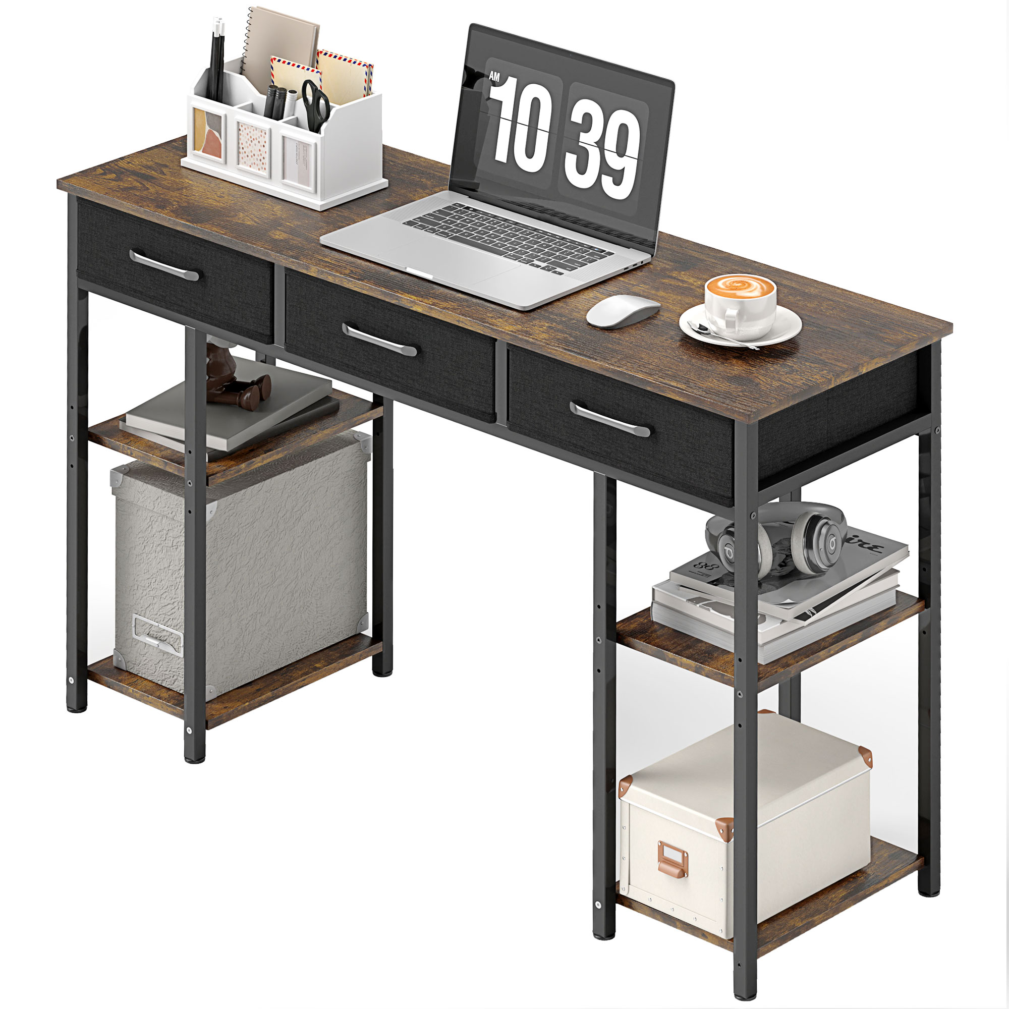 HOMCOM 47 Small Computer Desk, Writing Desk with Fabric Drawers, Home Office Desk with Adjustable Shelves, Rustic Brown