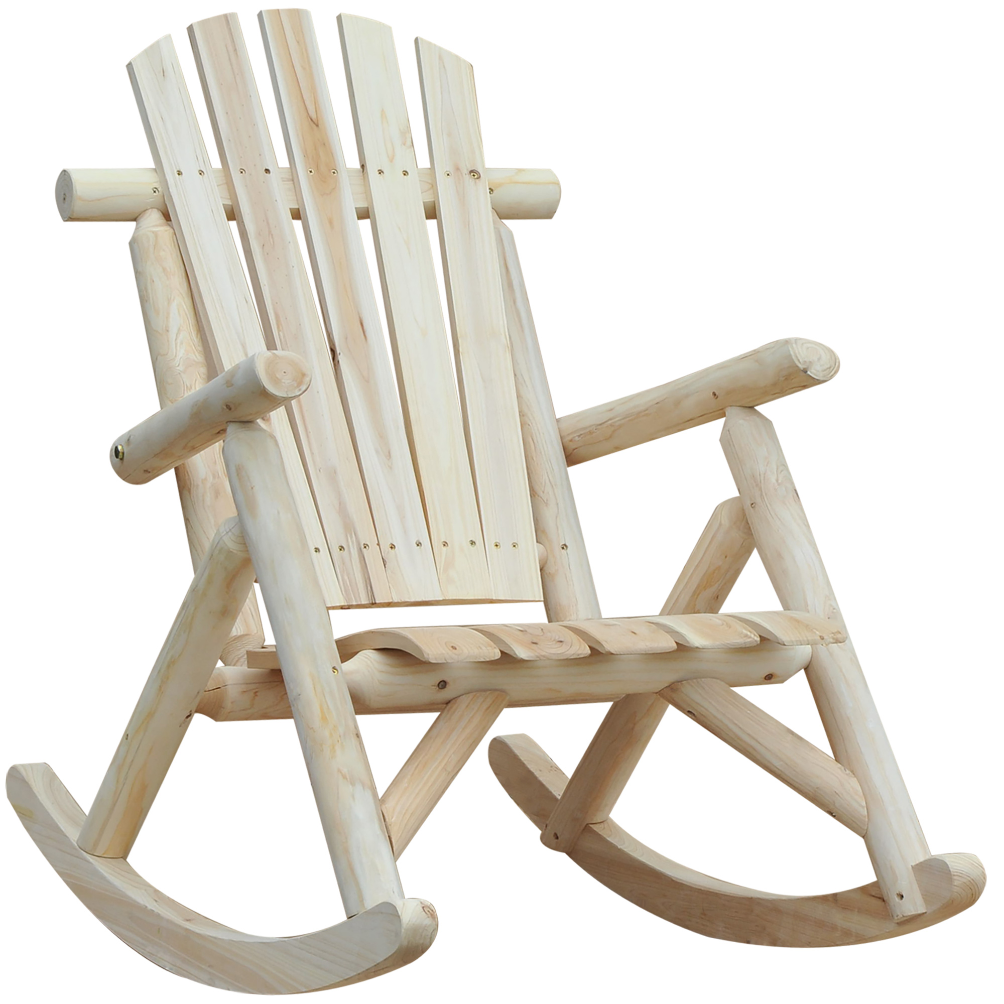 Outsunny Wooden Adirondack Rocking Chair, Outdoor Rustic Log Rocker with Slatted Design for Patio, Natural