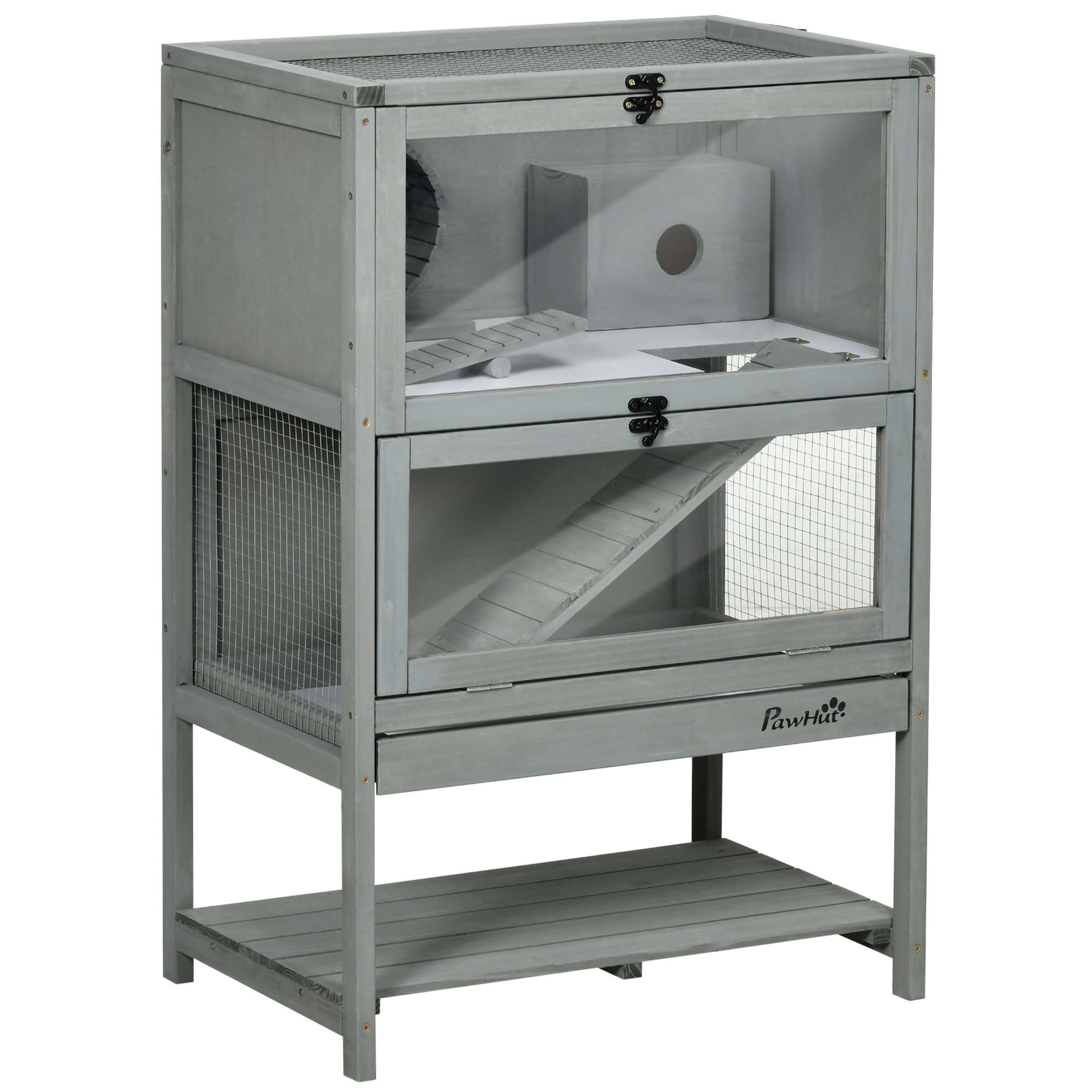 PawHut Hamster Cage Wooden 2-Tier Small Animal Hutch Exercise Playhouse Grey | Aosom.com