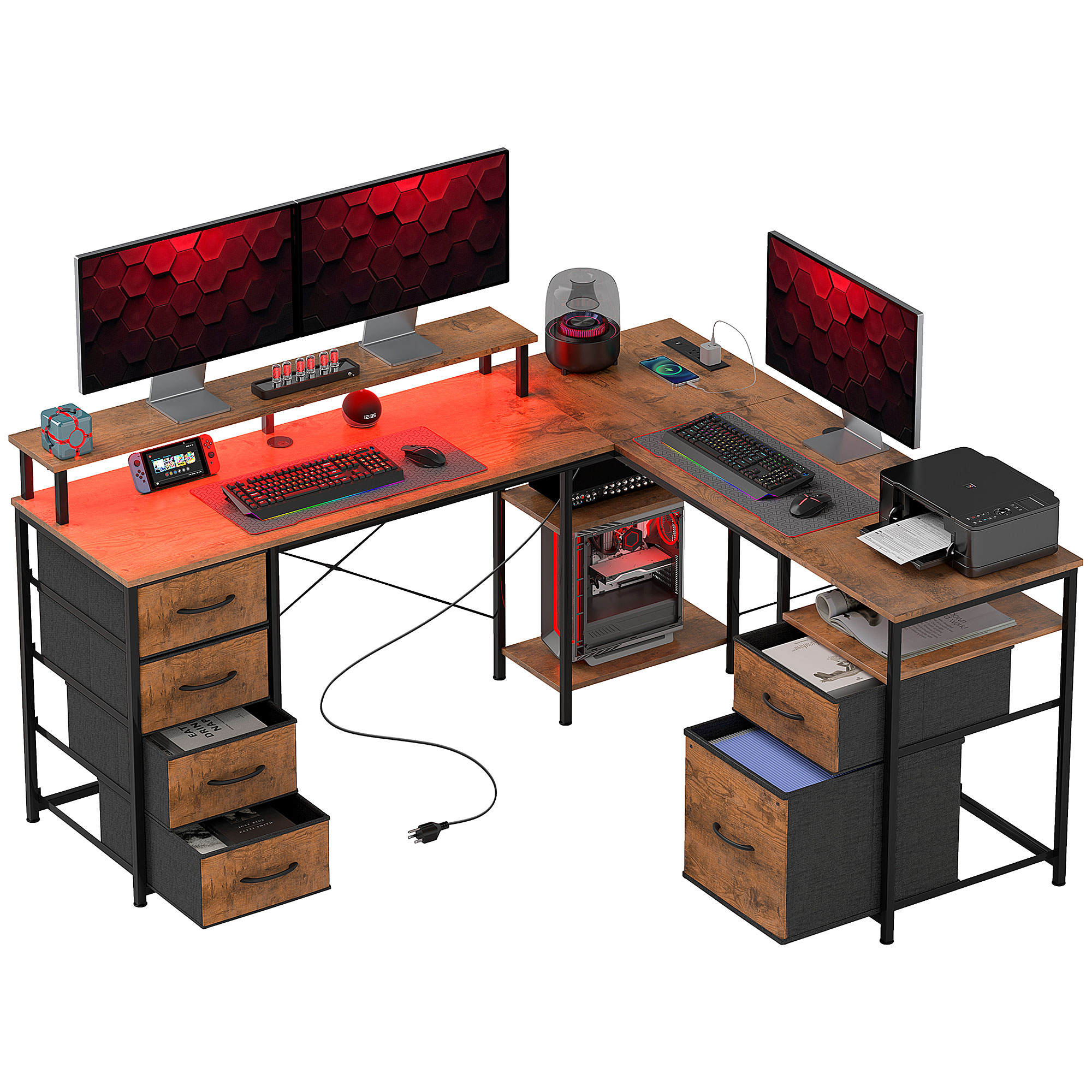 HOMCOM 66 Reversible L Shaped Computer Desk, Corner Desk with File Drawer, Power Outlets and LED Lights, Rustic Brown