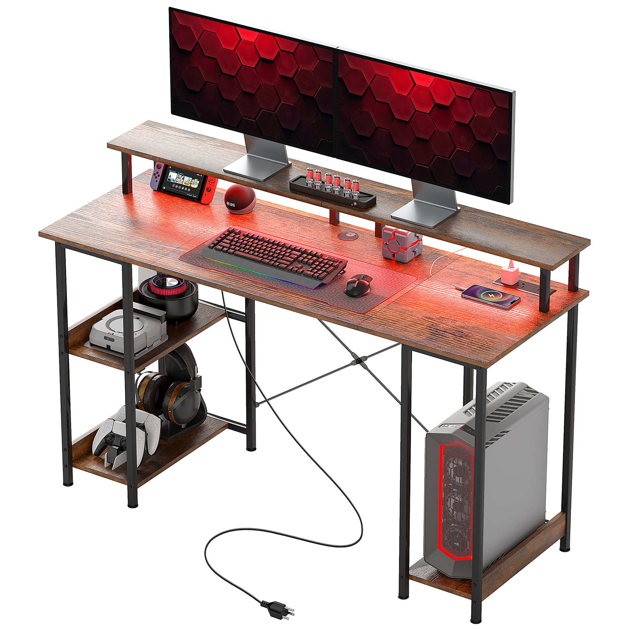 HOMCOM Computer Desk with Storage, 55 Reversible Computer Table with Power Outlets and LED Lights, Rustic Brown