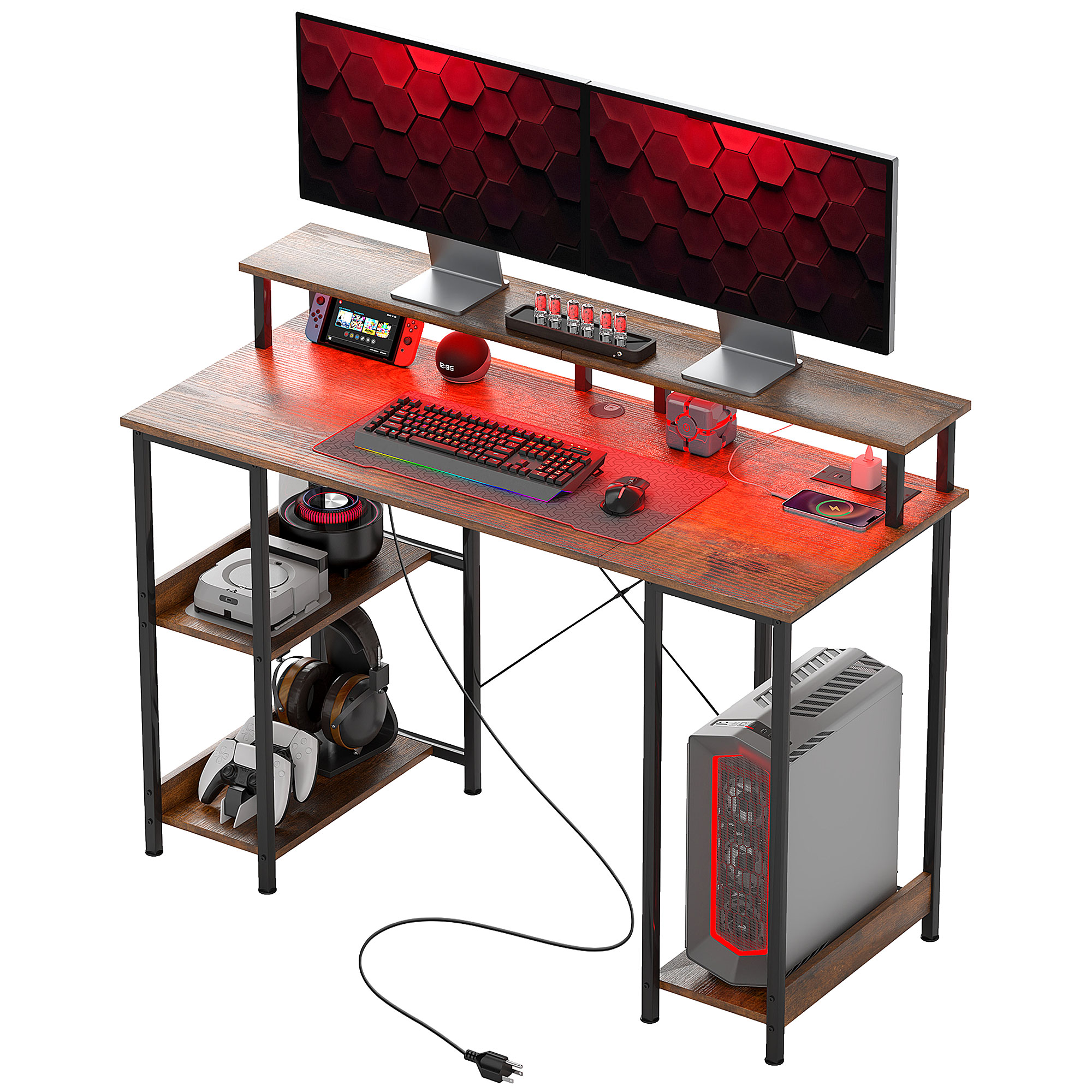 HOMCOM Computer Desk with Storage, 47 Reversible Computer Table with Power Outlets and LED Lights, Rustic Brown