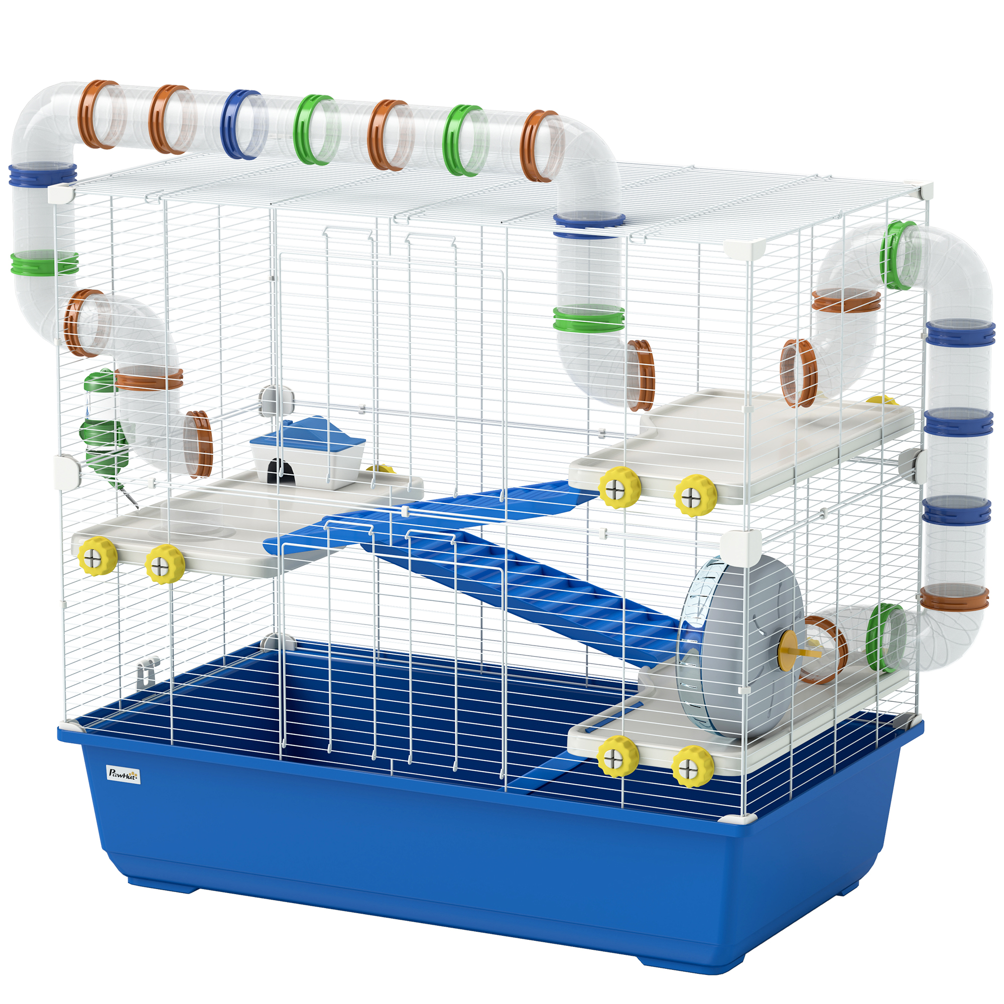 PawHut 4 Tier Hamster Cage with Tunnel Tube System, Hut, Exercise Wheel, Water Bottle, Food Dish, for Syrian, Gerbil, Blue