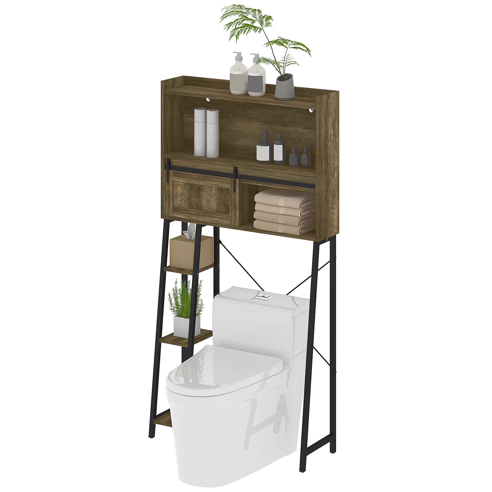HOMCOM Over the Toilet Storage Cabinet, Over Toilet Bathroom Organizer with 3 Compartments, 4 Open Shelves, Distressed Brown