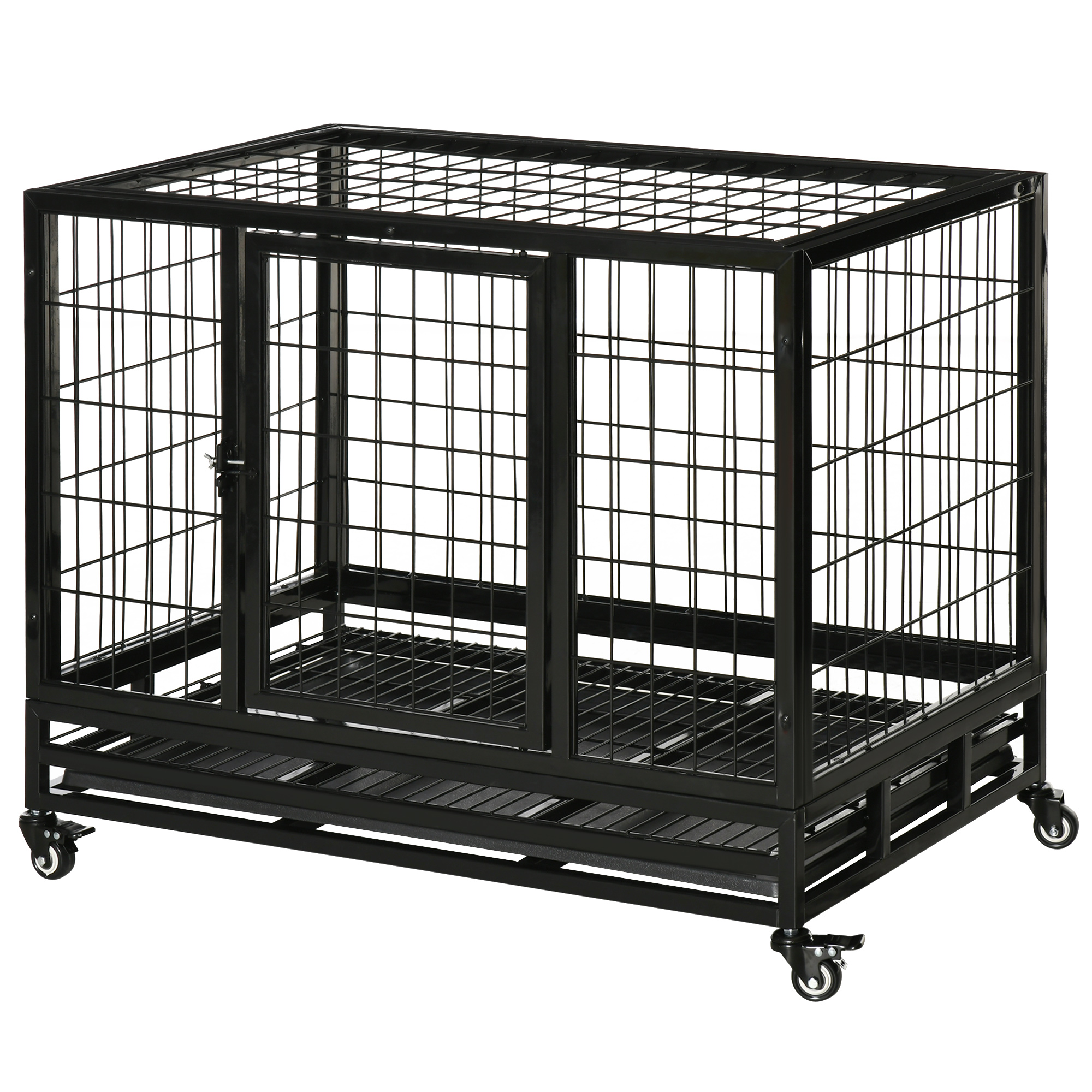 PawHut 36 Heavy Duty Dog Crate with Removable Tray, Lockable Wheels and Double Door, for Medium and Large Dogs, Black