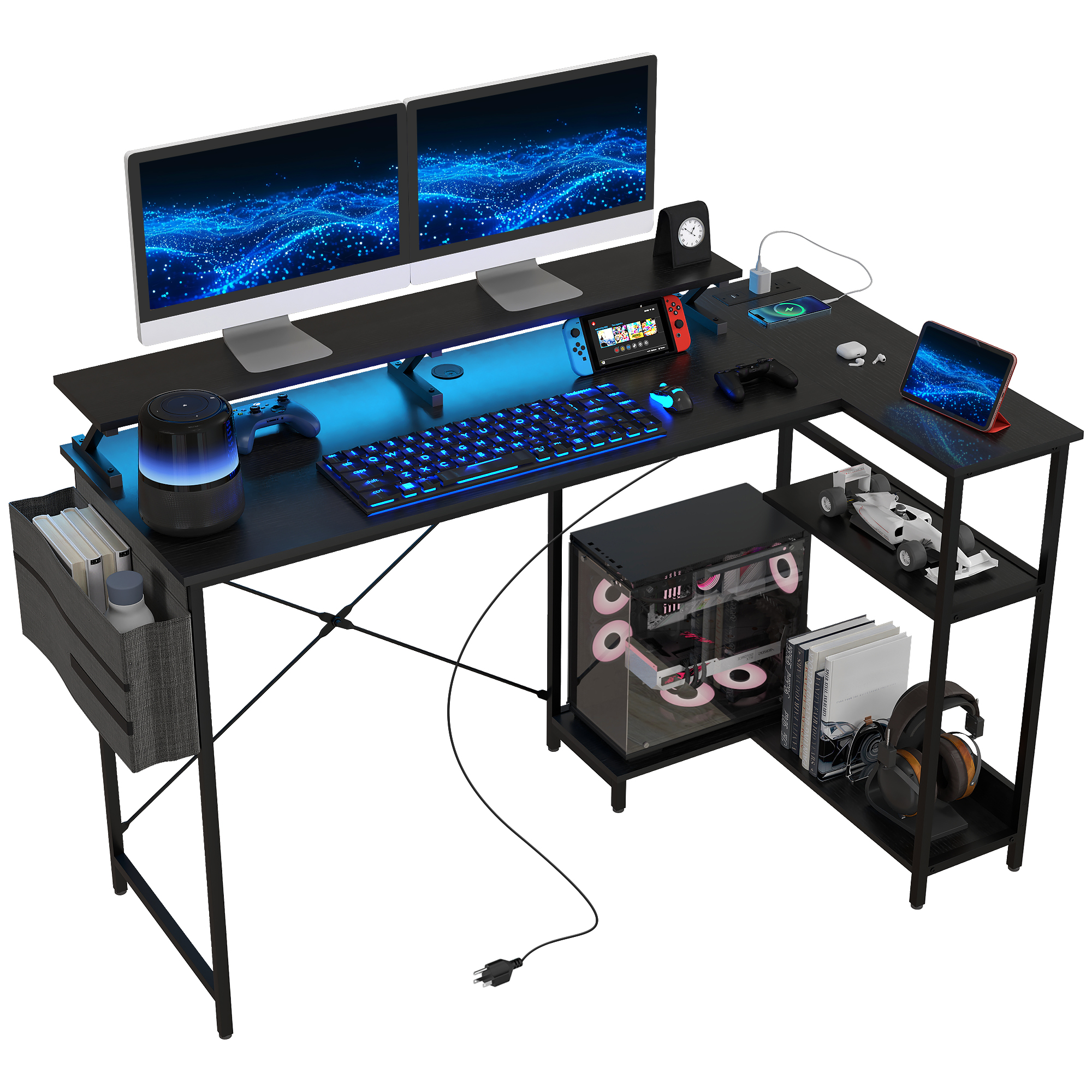 HOMCOM 58 Reversible L Shaped Computer Desk, Corner Desk with Monitor Stand, Power Outlets and LED Lights, Black