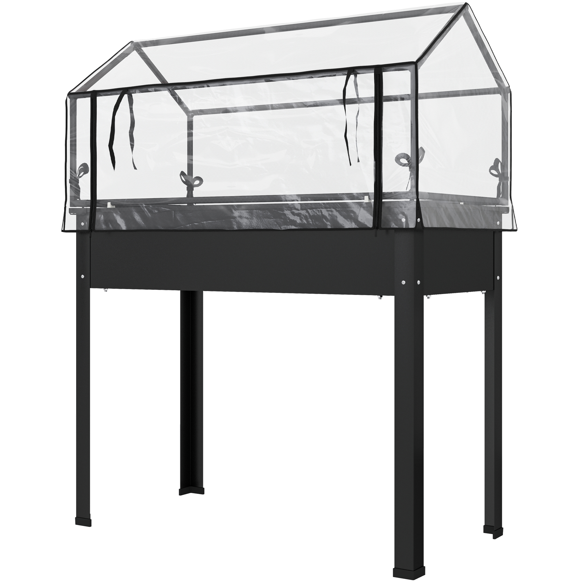 Outsunny Elevated Garden Box with Greenhouse Cover, Raised Garden Bed with Legs and Drainage Hole for Vegetables, Black