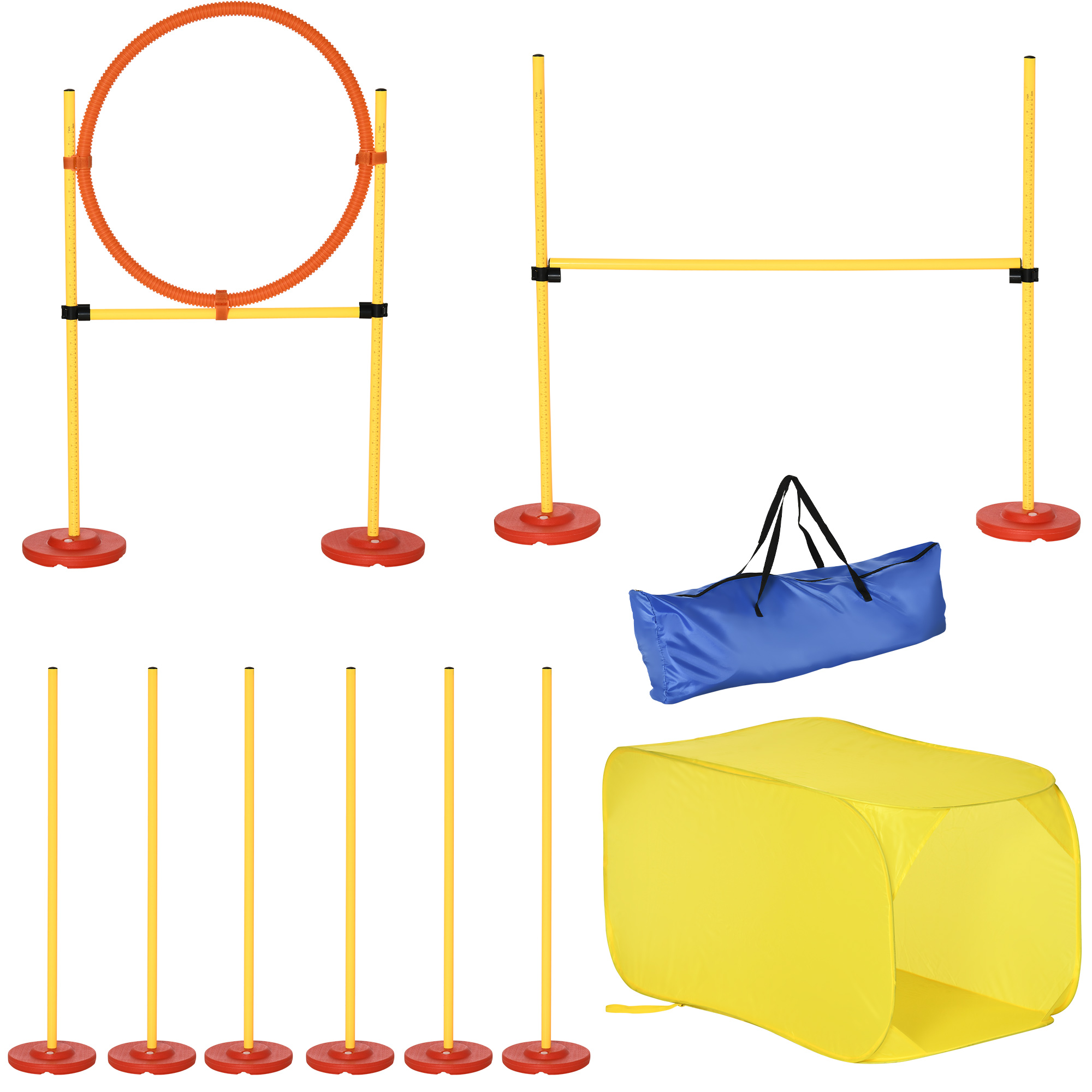PawHut 4-Piece Dog Agility Training Set Portable Equipment with Weave Pole Jumping Ring High Jump Tunnel Yellow | Aosom.com