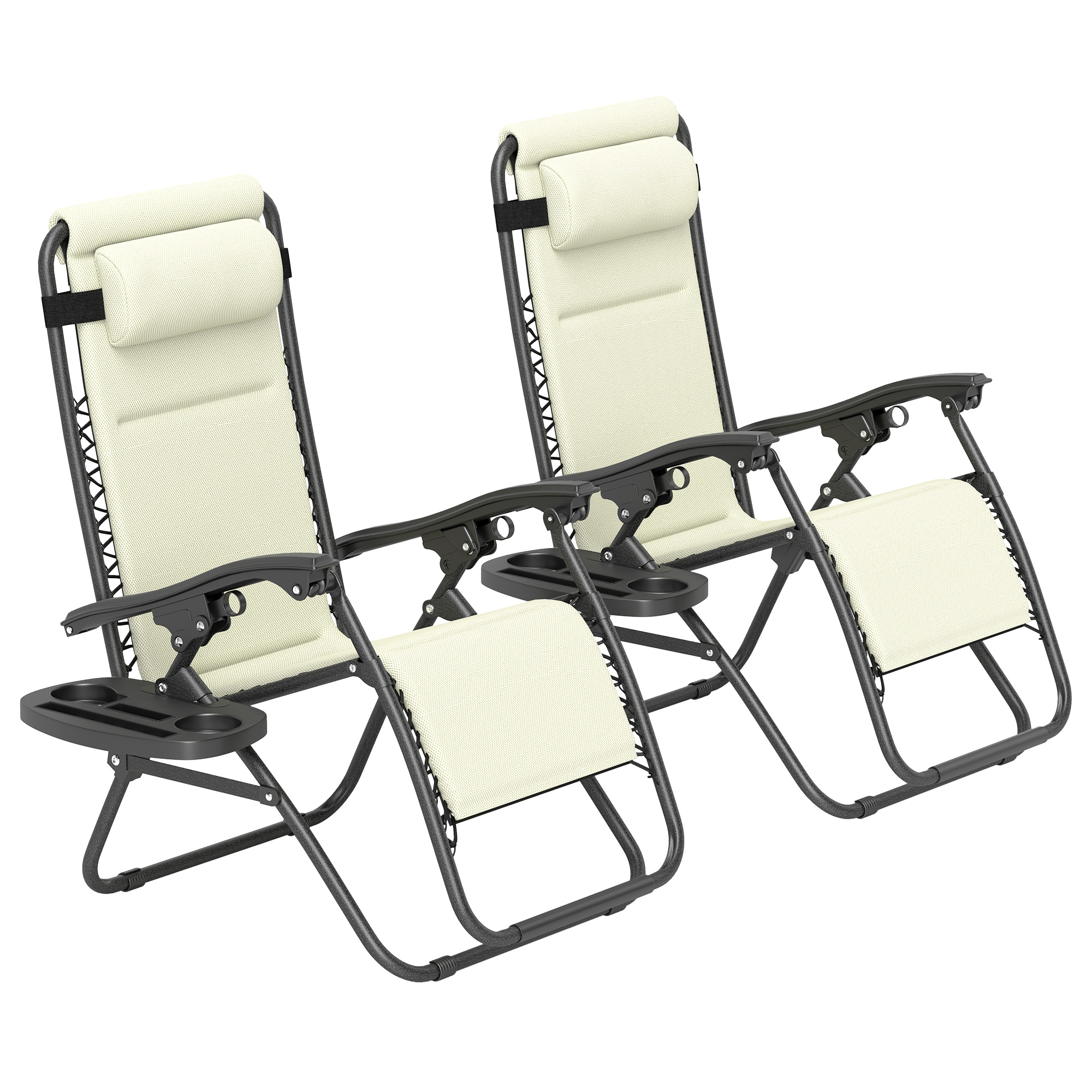Outsunny Zero Gravity Lounge Chair Set, 2 Pieces Reclining Folding Outdoor Lounge Chairs with Headrest Side Tray, Cream