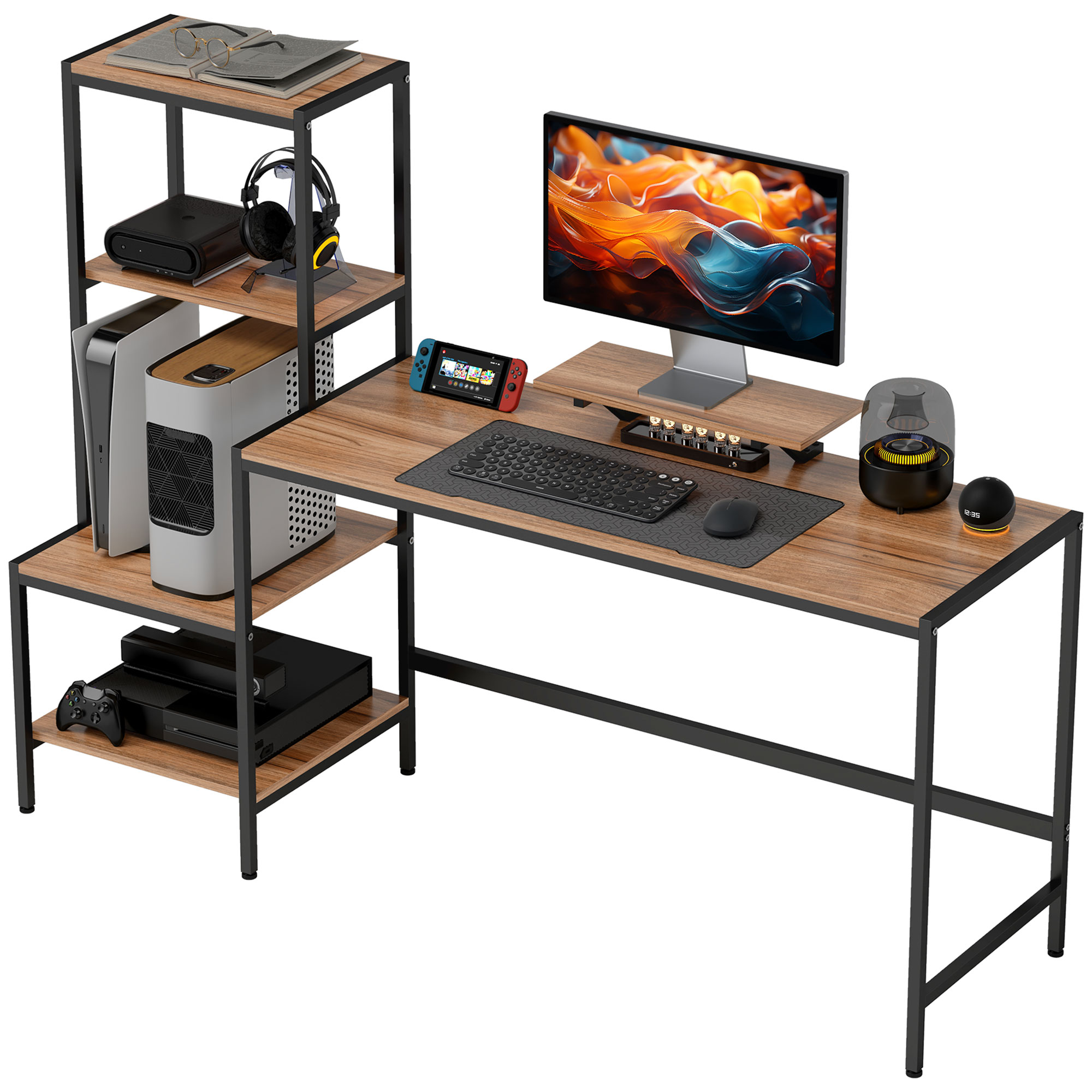 HOMCOM Computer Desk, 67 CPU Desk with Monitor Stand, Reversible 4-Tier Shelf, Industrial Writing Desk for Study Room, Brown