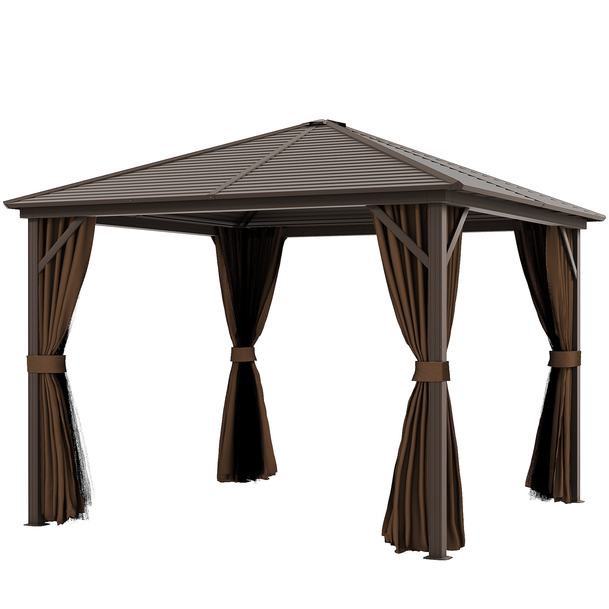 Outsunny 10&#039; x 10&#039; Hardtop Gazebo Canopy, Permanent Pavilion with Hook, Curtains, Aluminum Frame for Patio, Garden, Dark Brown