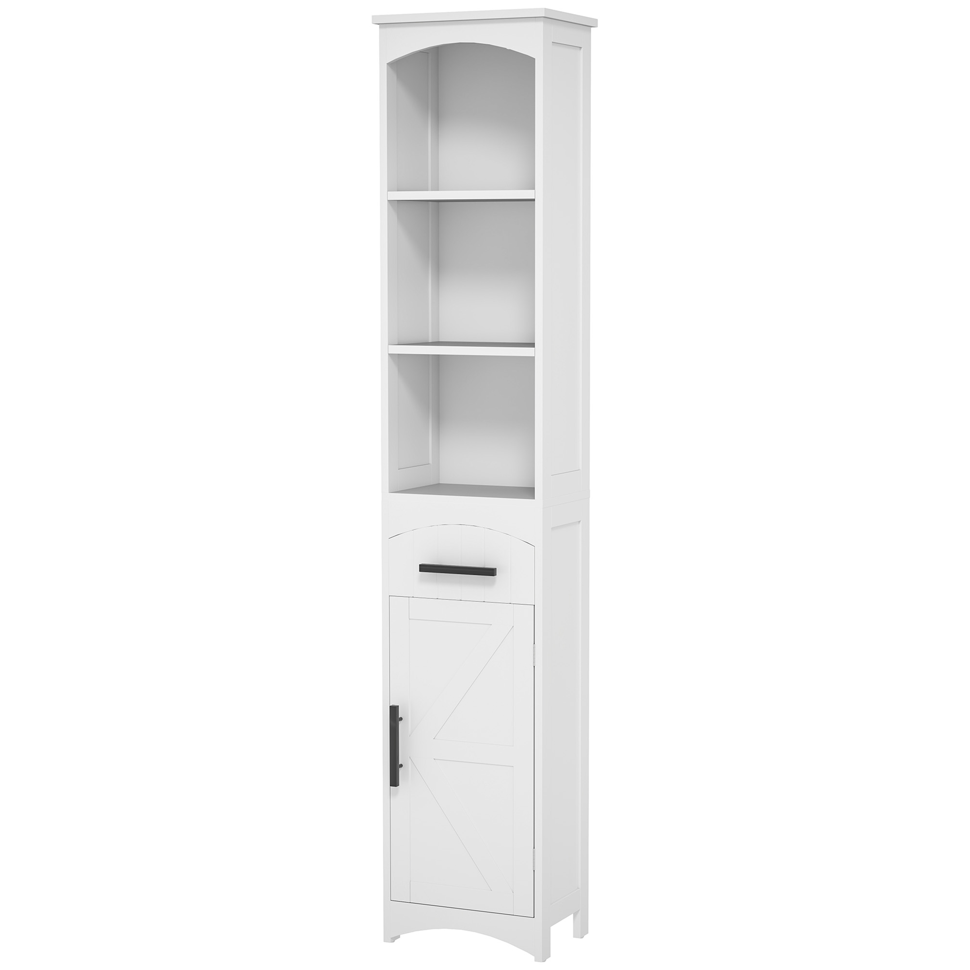 HOMCOM Farmhouse Tall Slim Bathroom Storage Cabinet with Recessed Drawer, Narrow Cabinet with Barn Door, White
