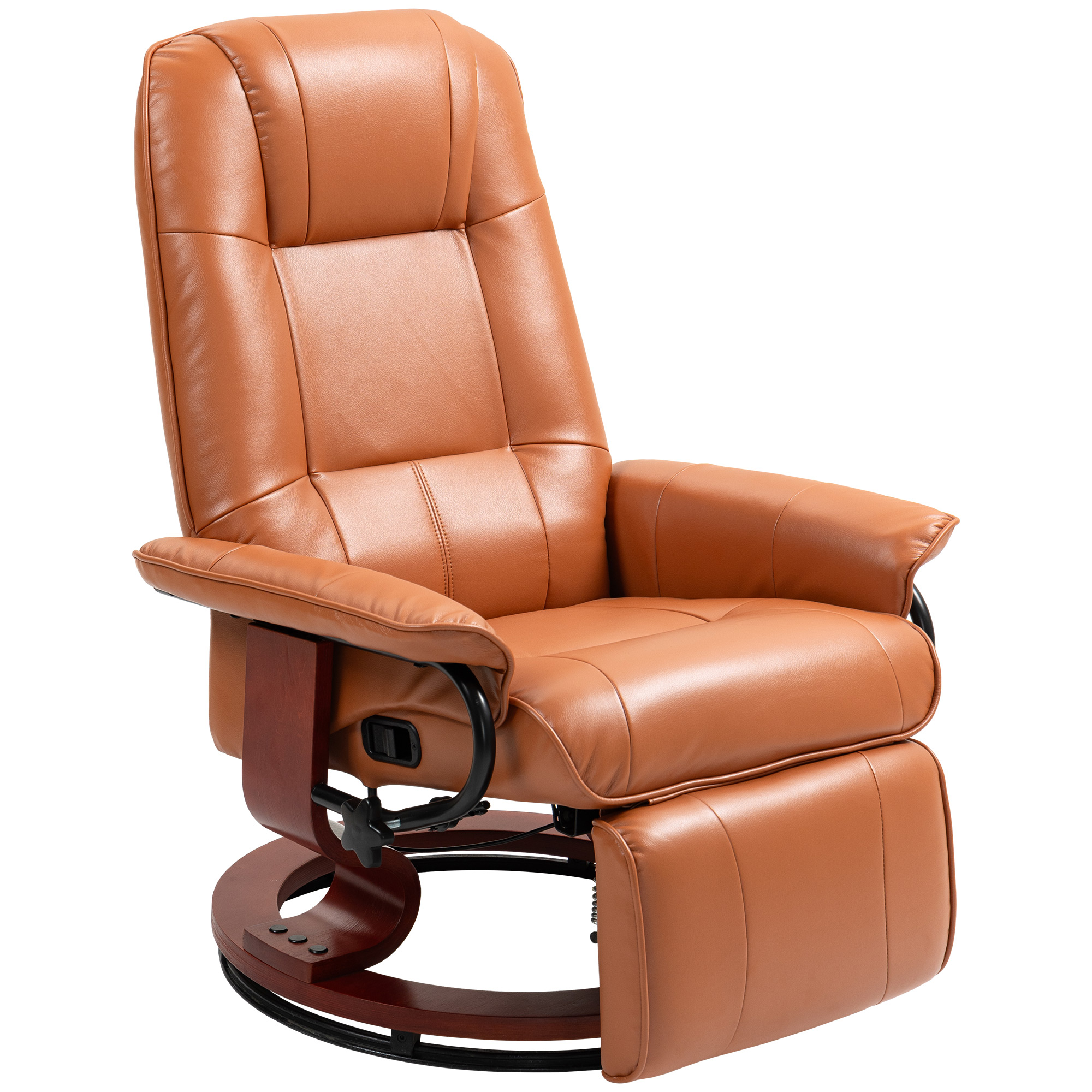 HOMCOM Faux Leather Recliner Chair, Swivel Recliner with Footrest, Armrest and Wood Base for Living Room, Light Brown