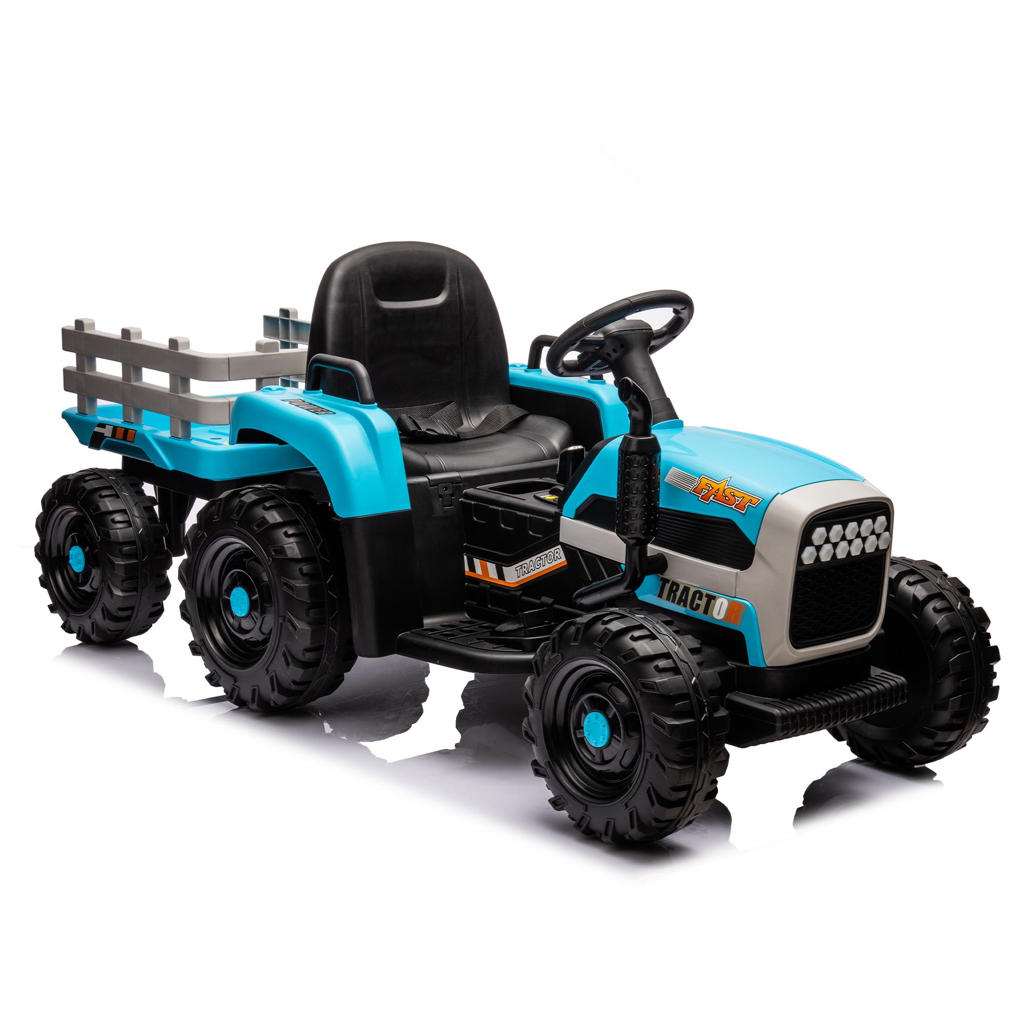 24V 3-Speed Ride-On Tractor with Trailer and Safety Belt, Battery Powered Electric Toy with Remote Control, Bluetooth, for Ages 3-6, Blue | Aosom.com