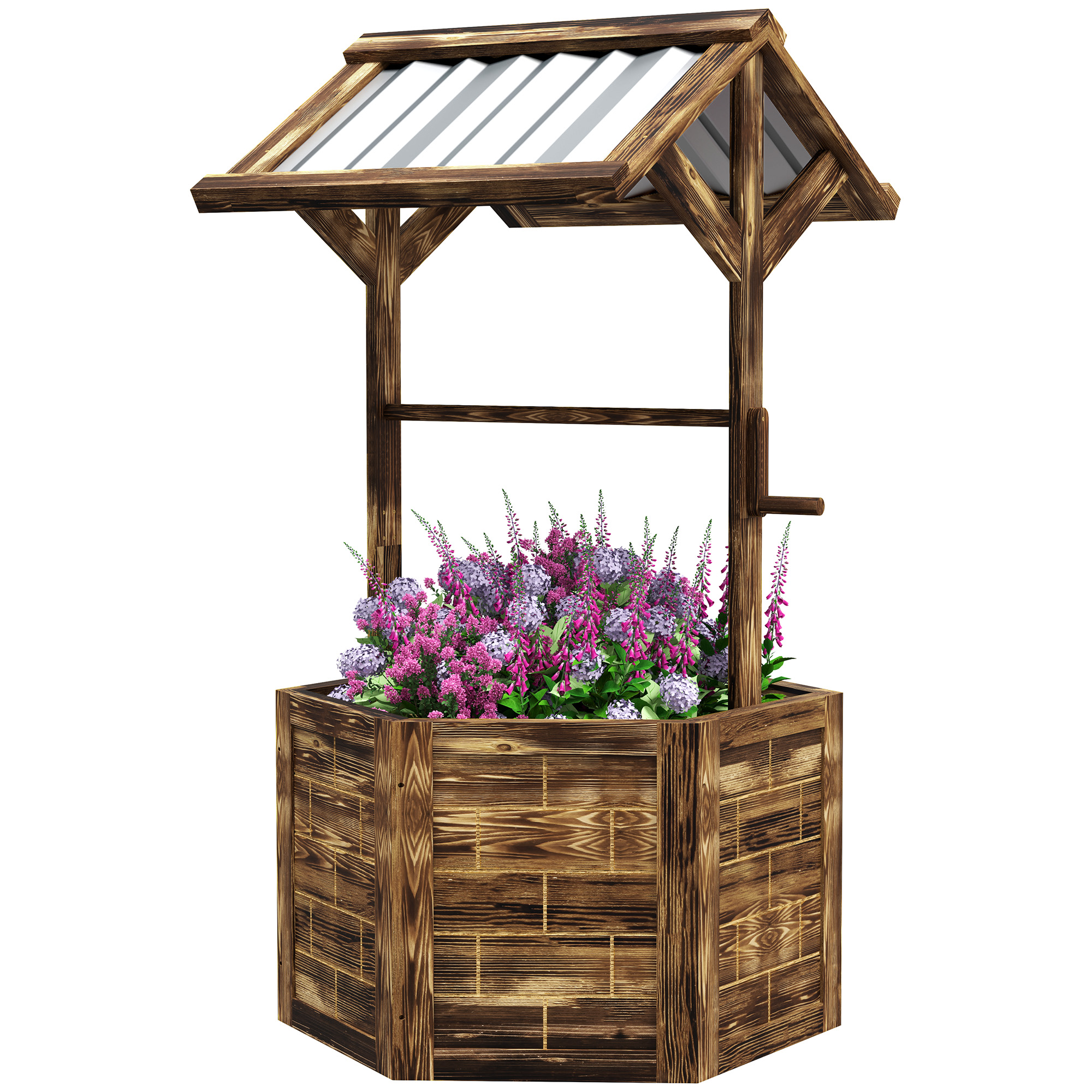 Outsunny Wooden Wishing Well Planter, Raised Garden Bed with Galvanized Canopy, Hexagon Raised Flower Bed for Garden, Tan