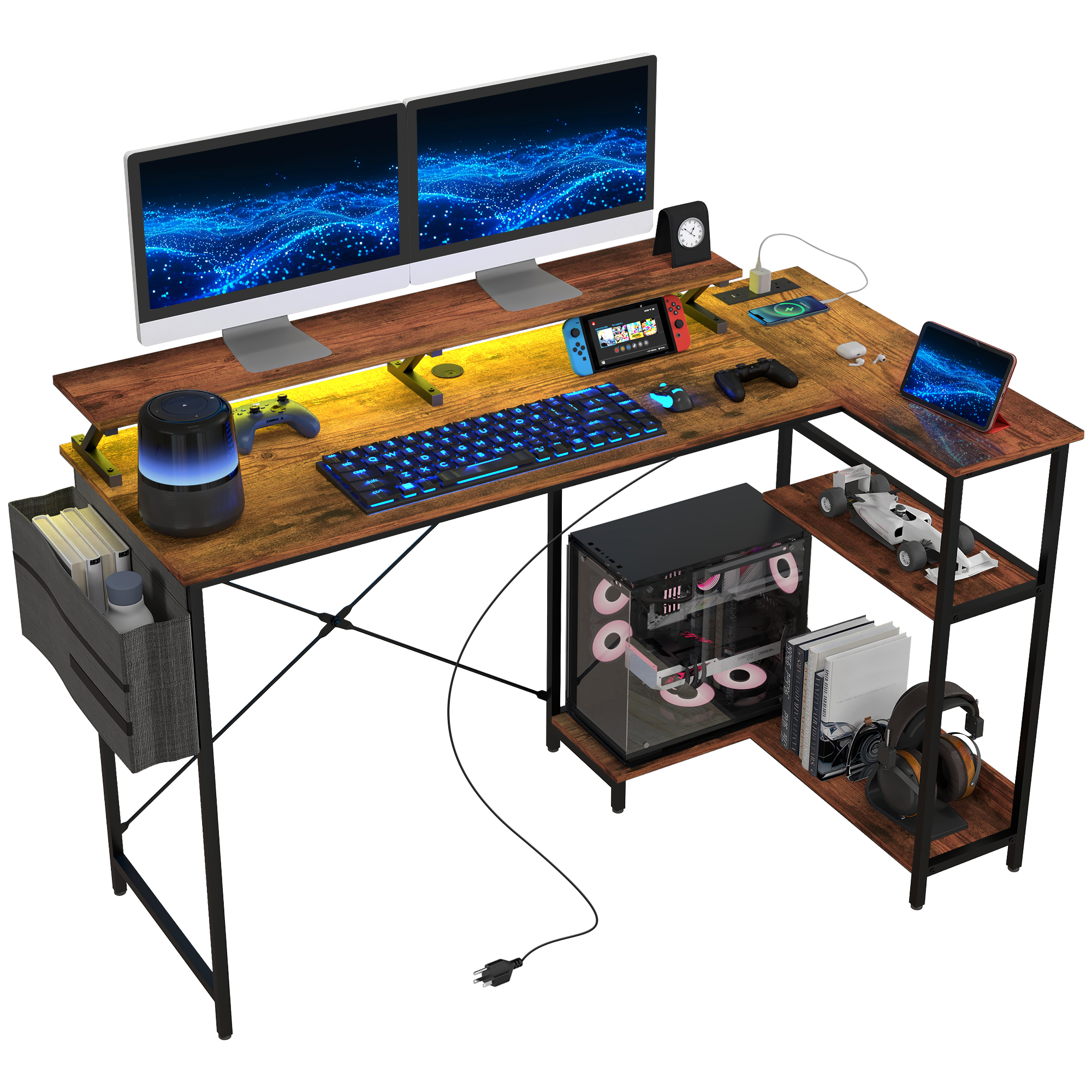 HOMCOM 58 Reversible L Shaped Computer Desk, Corner Desk with Monitor Stand, Power Outlets and LED Lights, Rustic Brown