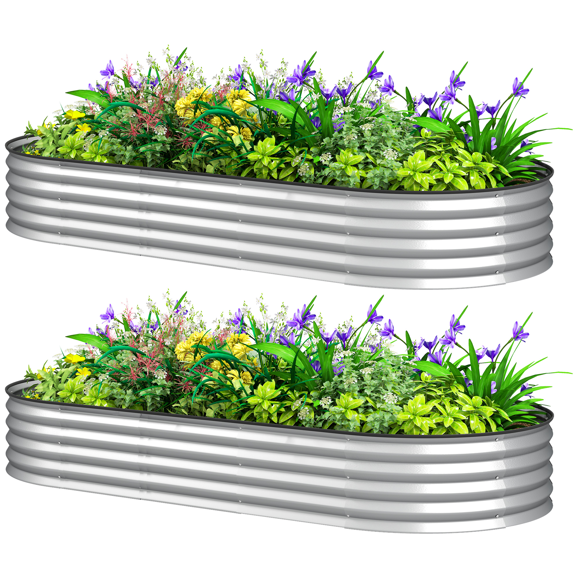 Outsunny 7&#039; x 3&#039; x 1&#039; Raised Garden Bed Set, 2PCS Raised Beds for Gardening with Metal Plant Stakes, Silver