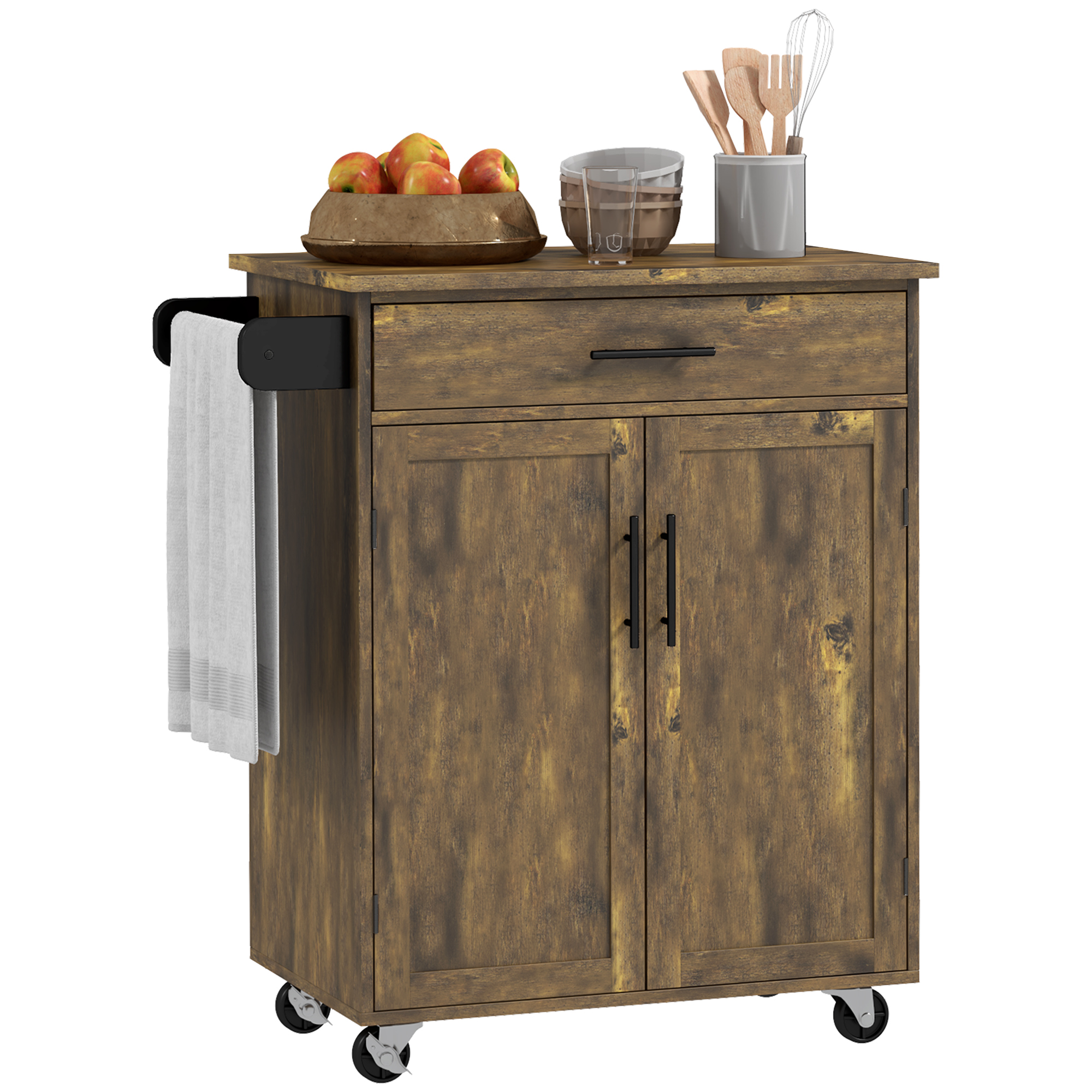 HOMCOM Rolling Kitchen Island Cart, Rustic Brown, with Drawer, Storage Cabinet, and Towel Rack | Aosom.com