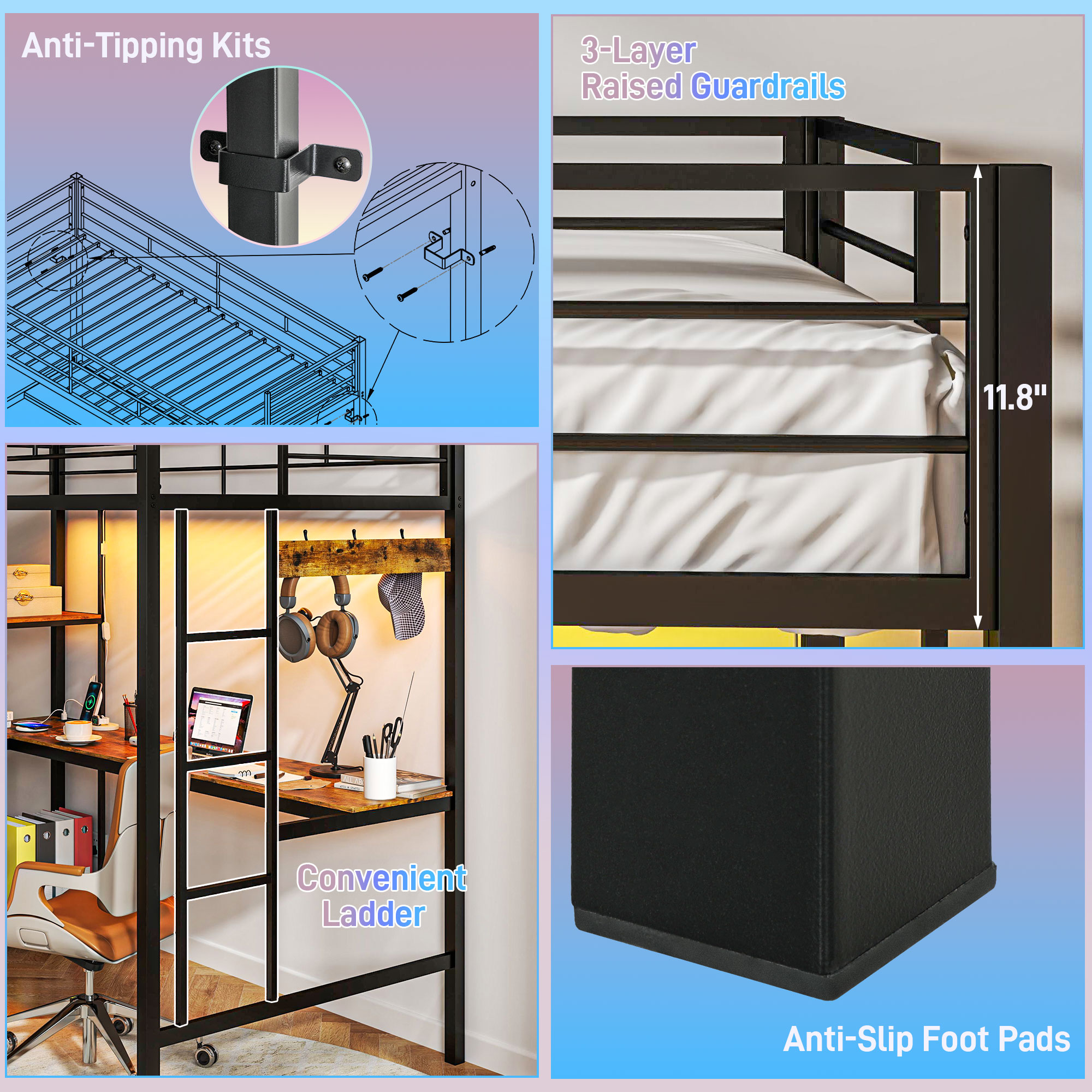 HOMCOM Twin Loft Bed with Desk & Storage Shelves and Drawers, Twin Loft Bed Metal with LED Lights, Charging Station, Black | Aosom.com 5