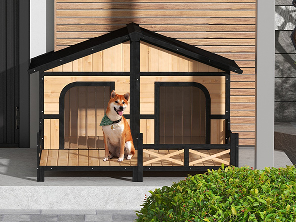 PawHut Elevated Dog House with Deck Outdoor Weatherproof