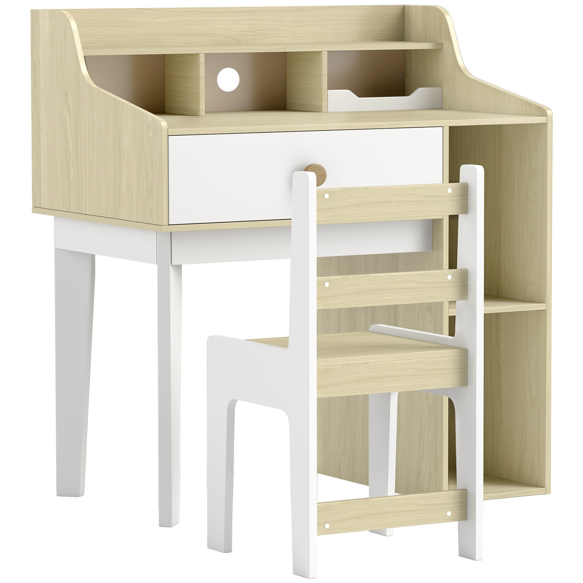 Qaba Kids Desk and Chair Set with Storage Shelves, Drawer for 3-10 Years, White | Aosom