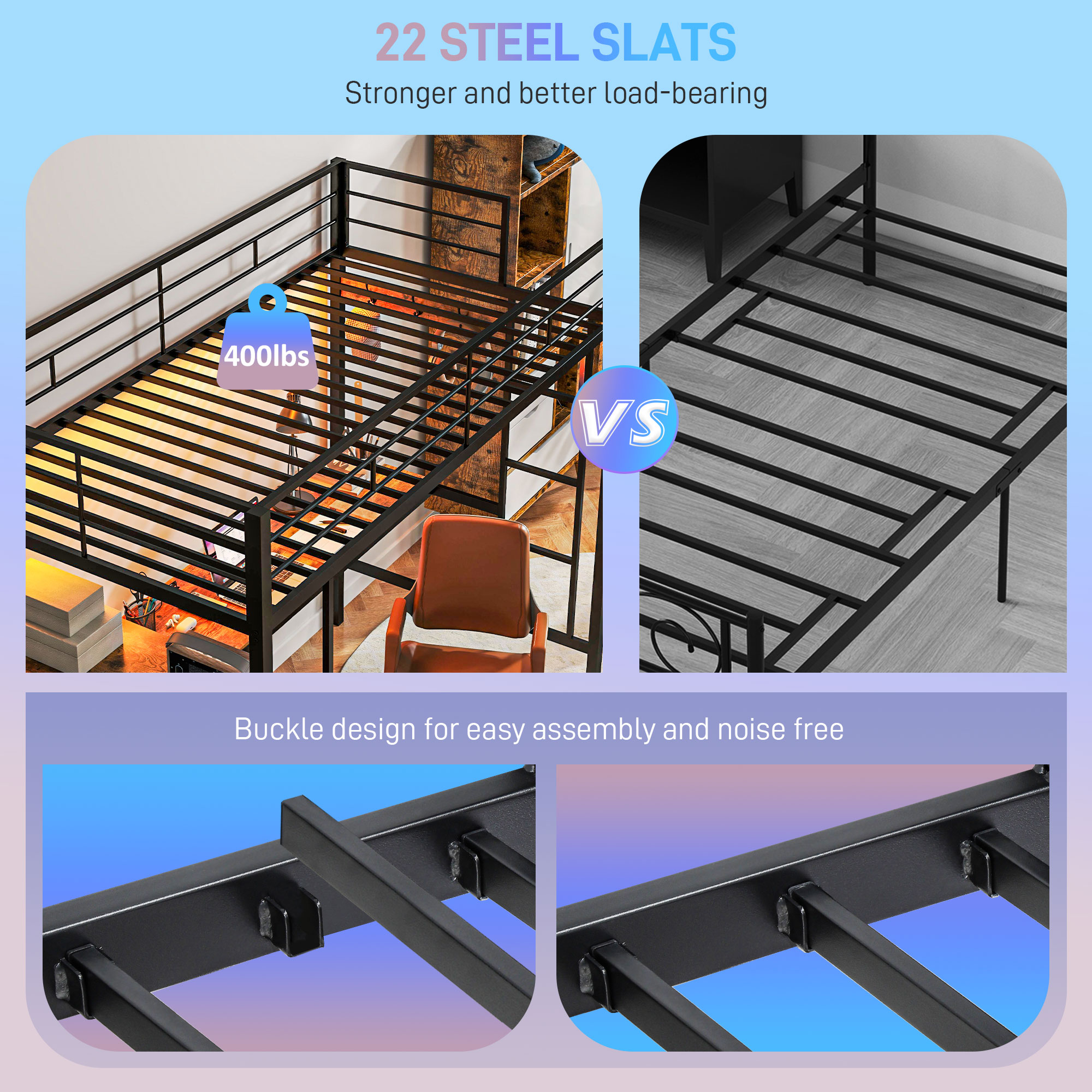 HOMCOM Twin Loft Bed with Desk & Storage Shelves and Drawers, Twin Loft Bed Metal with LED Lights, Charging Station, Black | Aosom.com 6