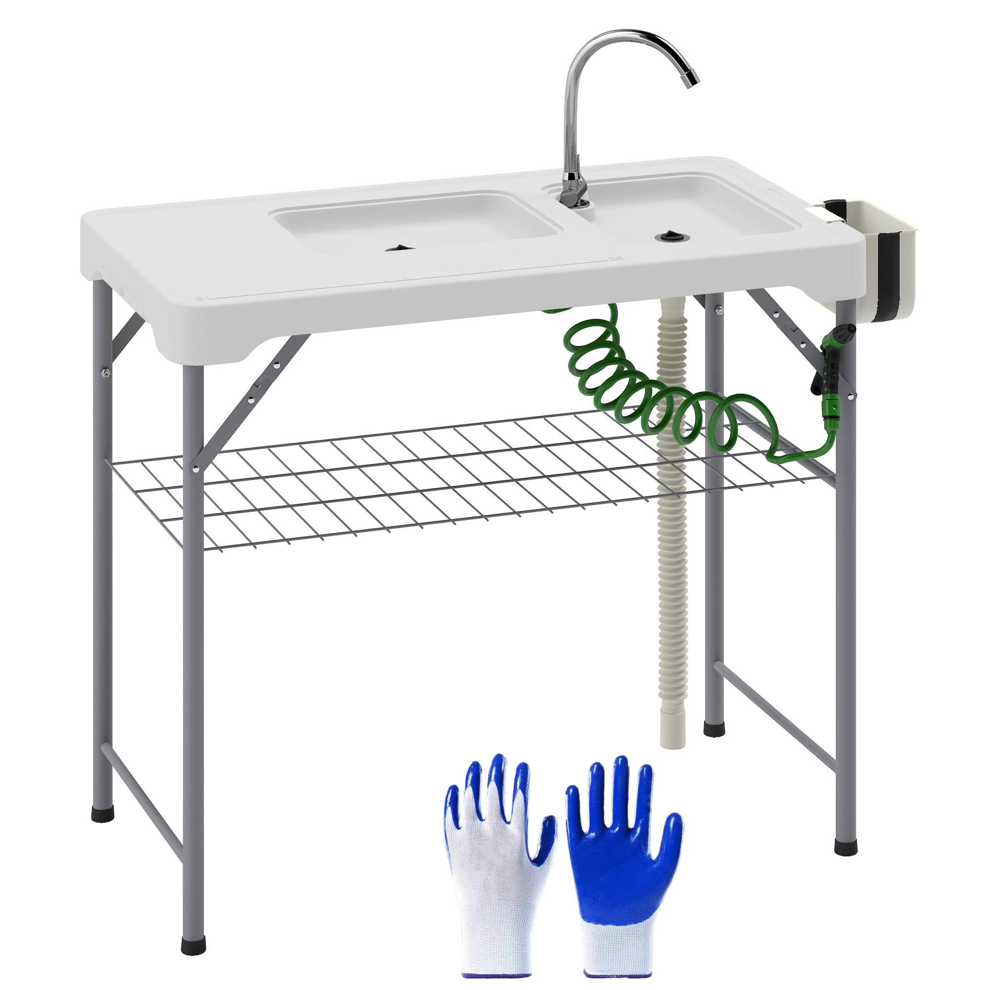 Outsunny Folding Fish Cleaning Table with Sinks, Portable Camping Sink Table with Faucet, Drainage Hose, Sprayer, Shelf, Drawer and Storage Basket, Ou