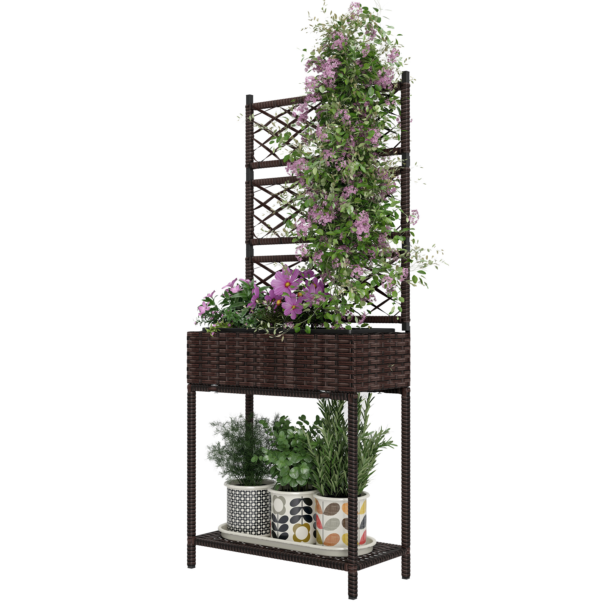 Outsunny Outdoor Wicker Planter with Trellis for Climbing Plants, Freestanding Rattan Garden Box with Storage Shelf, Brown
