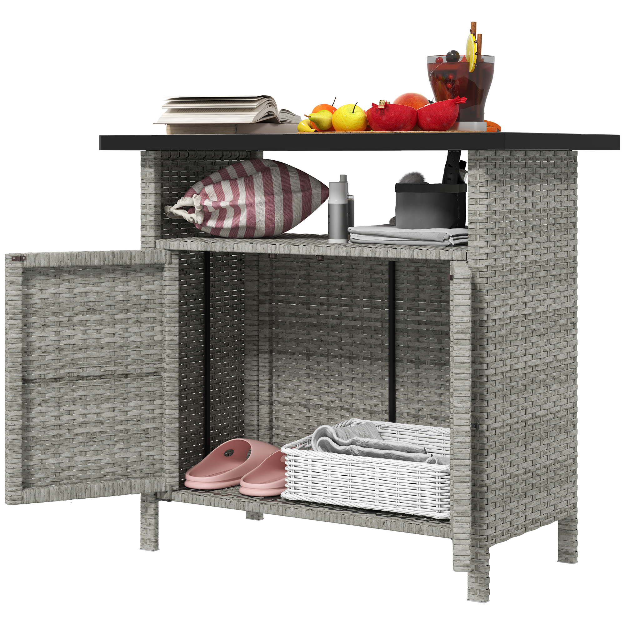 Outsunny Wicker Outdoor Storage Cabinet with Two Doors and Shelf for Outdoor Pool Towel Storage, Gray