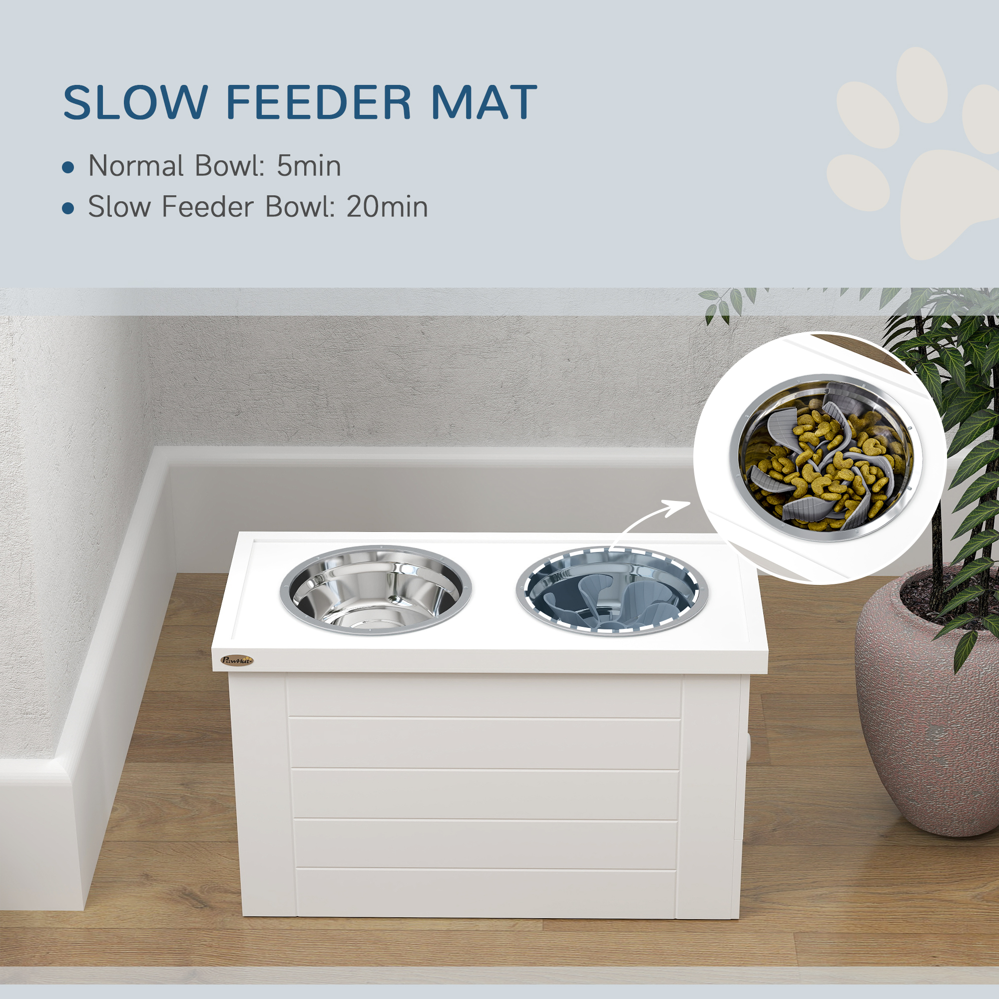 PawHut Elevated Dog Bowls with Slow Feeder Mat, Storage Cabinet, 3  Stainless Steel Bowls for Large & Extra Large Dogs, White