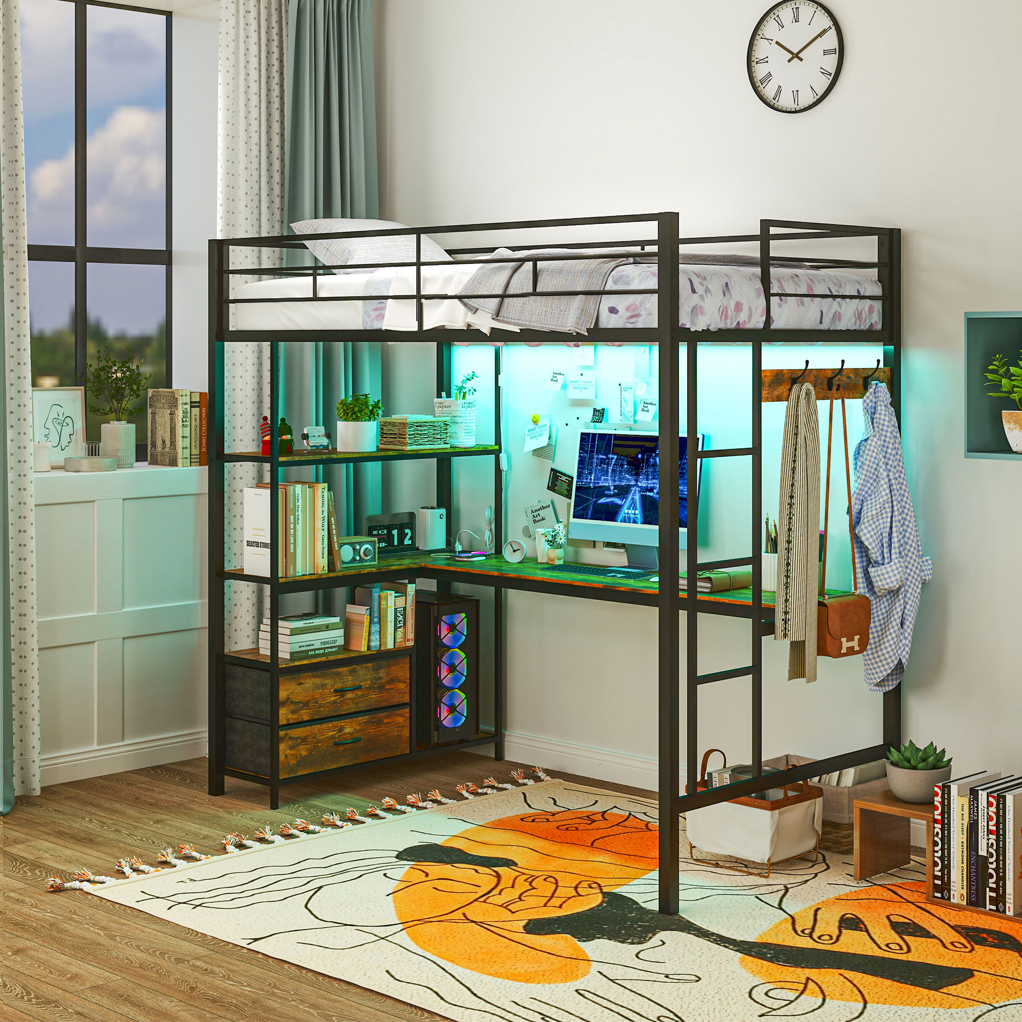 HOMCOM Twin Loft Bed with Desk & Storage Shelves and Drawers, Twin Loft Bed Metal with LED Lights, Charging Station, Black | Aosom.com 0