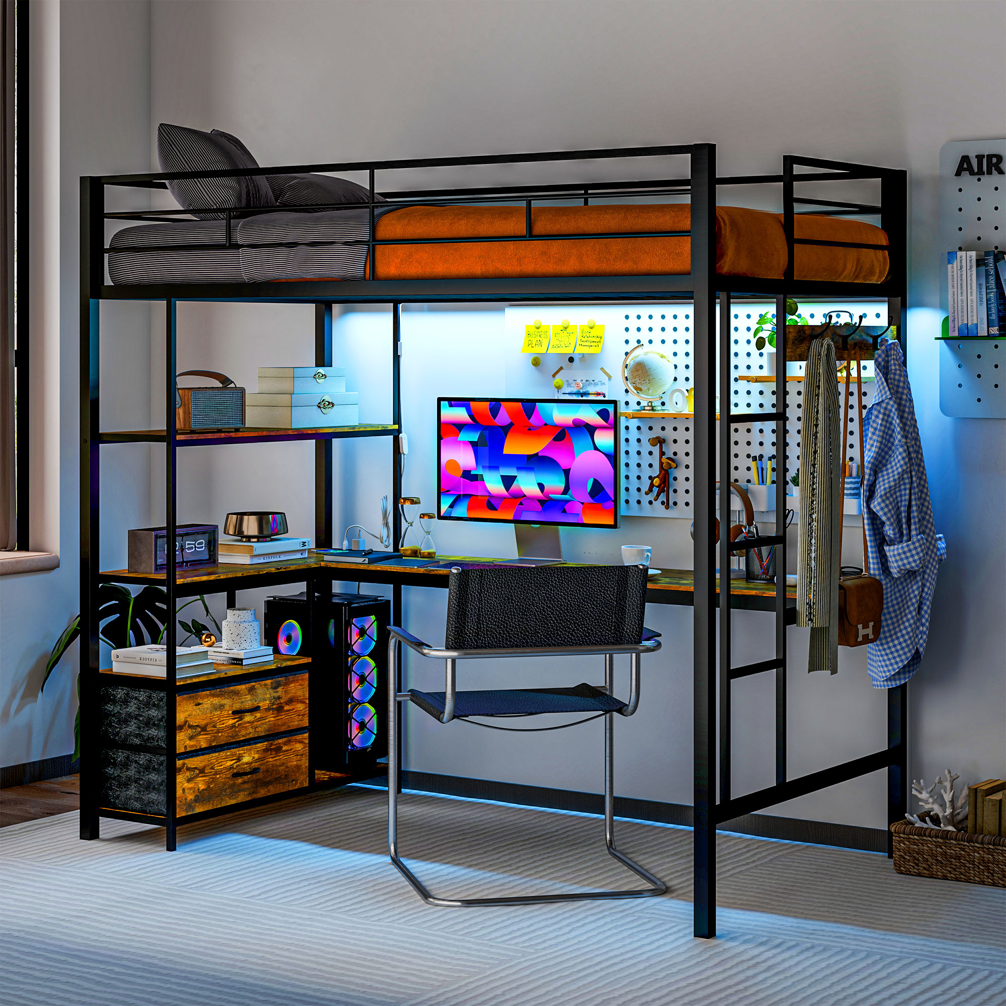 HOMCOM Twin Loft Bed with Desk & Storage Shelves and Drawers, Twin Loft Bed Metal with LED Lights, Charging Station, Black | Aosom.com 7