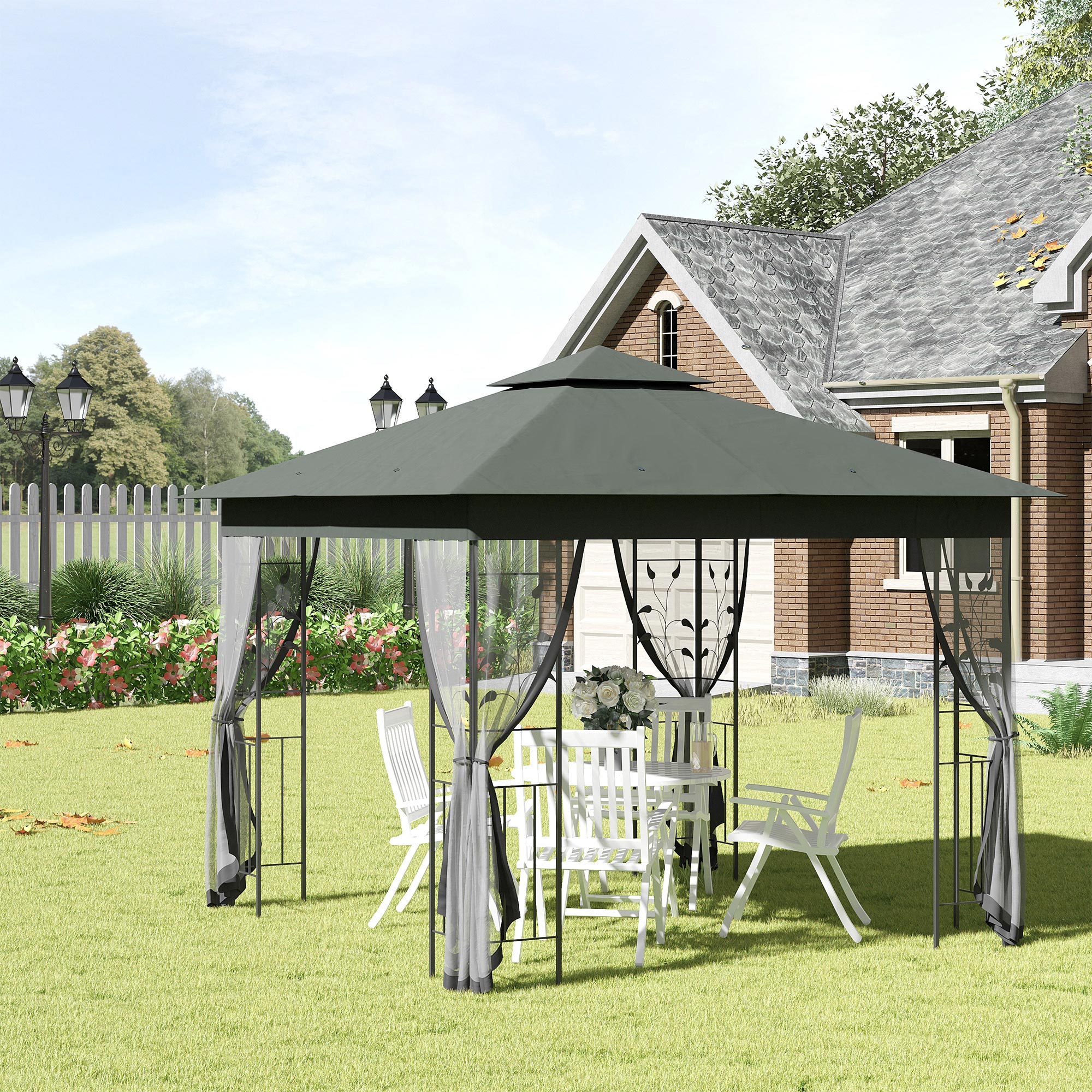 10'x10' Soft-top Steel Patio Gazebo Outdoor Sun Shelter with 2-Tier Polyester Roof, Curtain Sidewalls, Light Grey main image 0