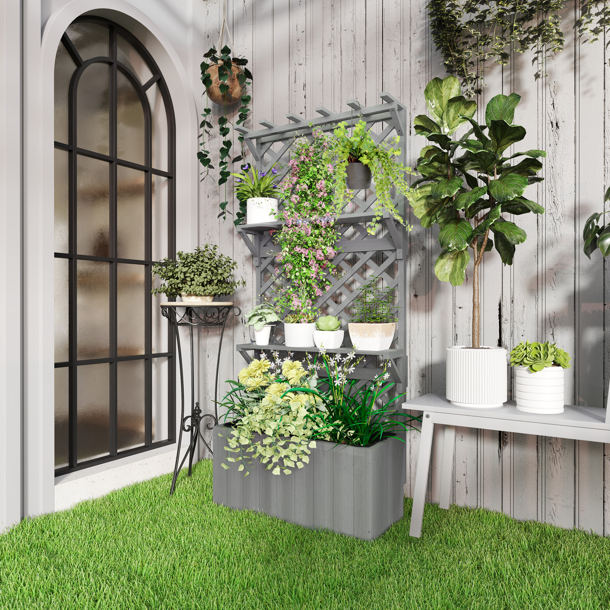Outsunny Raised Garden Bed, Wooden Planter with Trellis, Hanging Roof, Plant Shelf, Drainage Holes and Bed Liner, Grey Aosom Canada