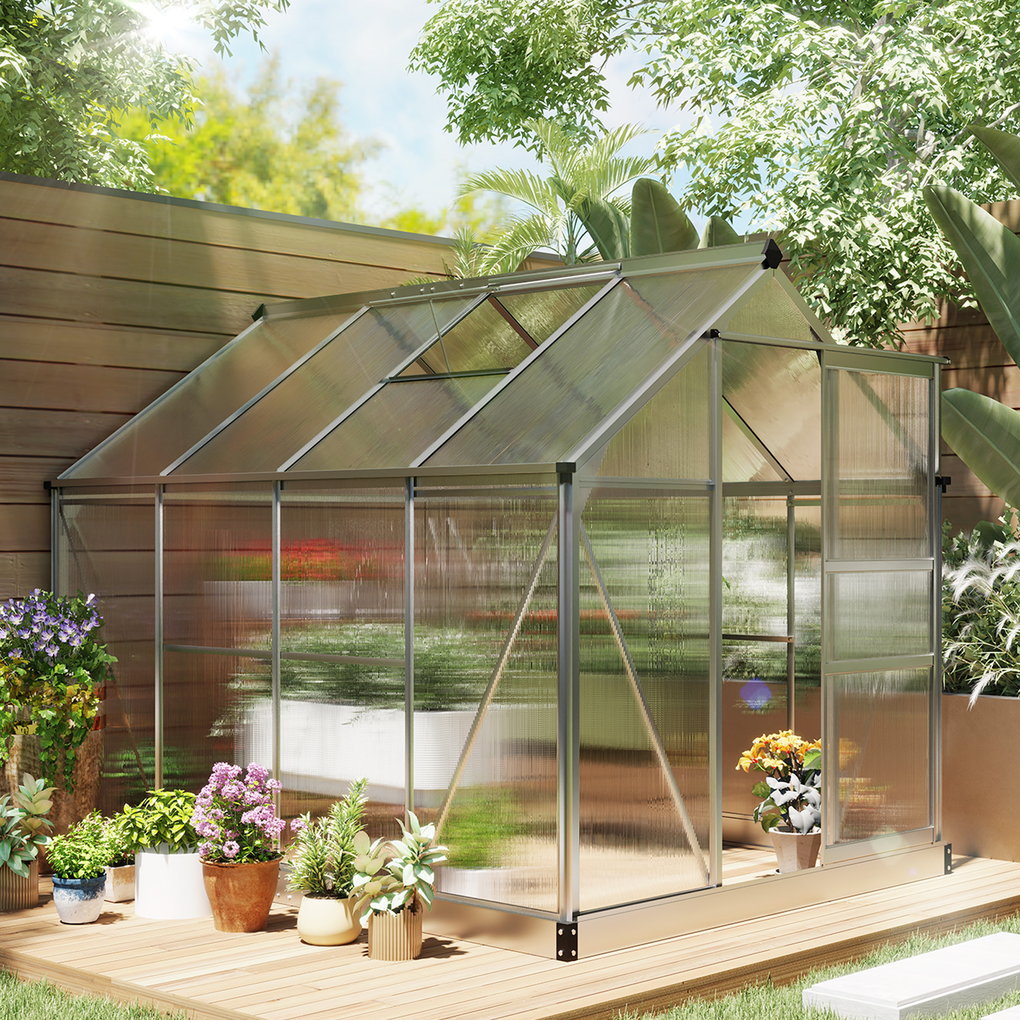 Outsunny 6' x 8' x 6.6' Polycarbonate Greenhouse, Walk-In Green House Kit Garden with Rain Gutter, Vent and Sliding Door, Silver Aosom Canada
