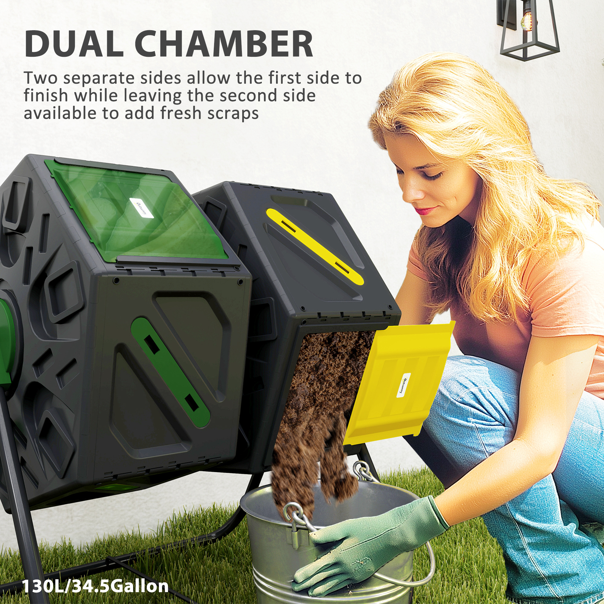 Outsunny Rotating Composter, Dual Chamber Compost Bin with 24 Vents and ...