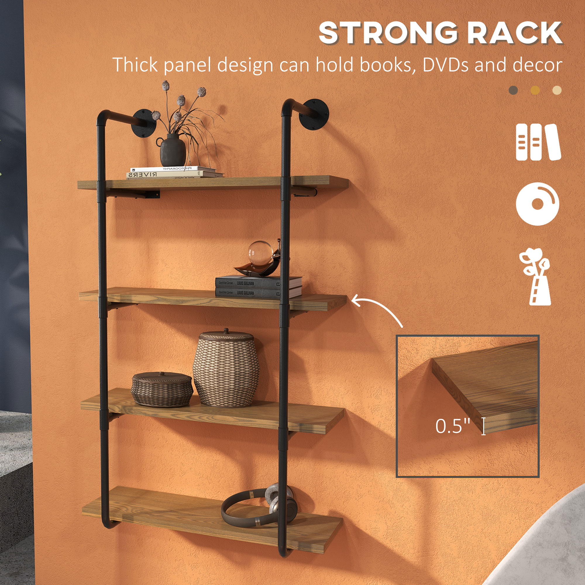 平棚 900x350x 300 HOMCOM Industrial Pipe Style Shelf 4-Tier Wall-Mounted Utility