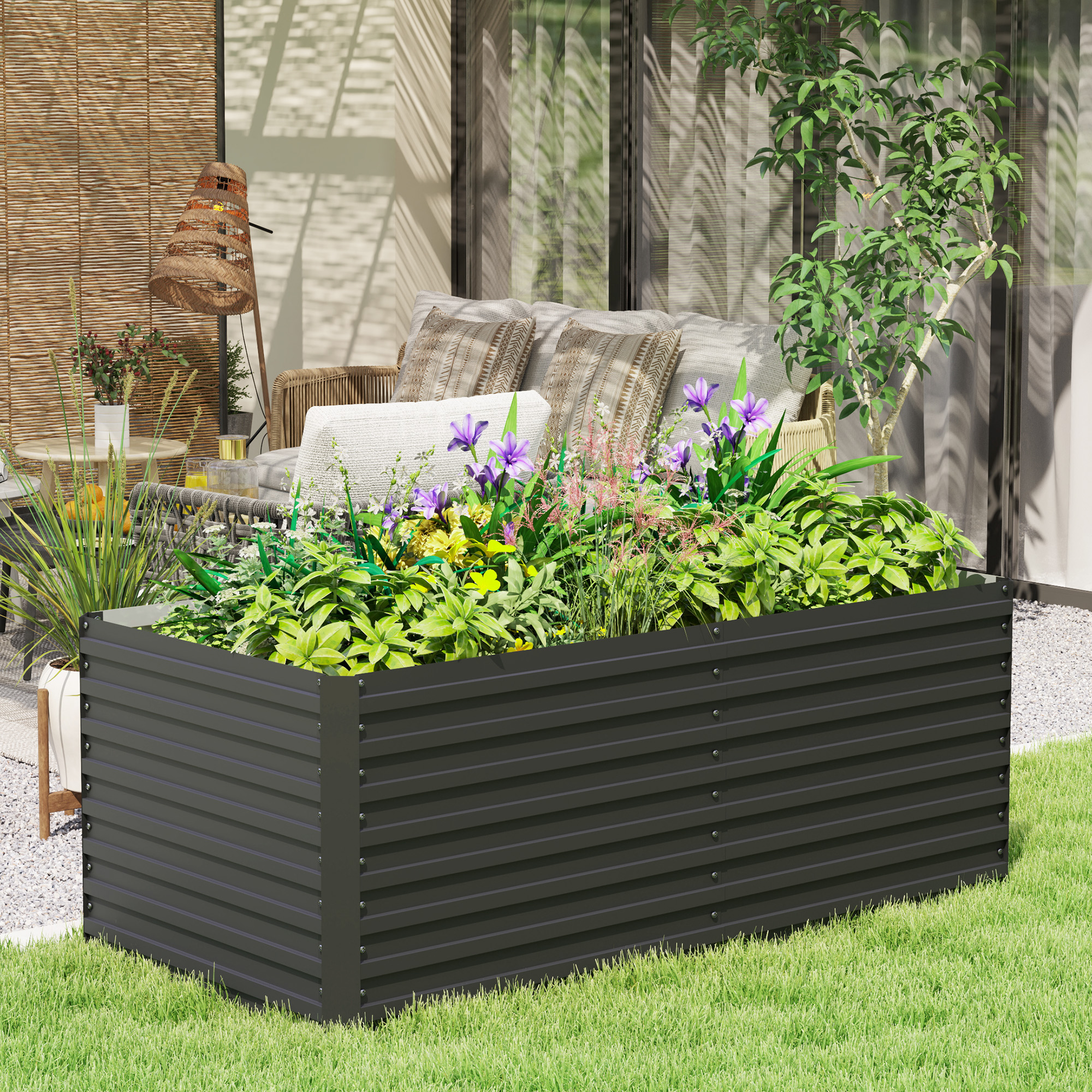 Outsunny 5 x 3 x 2ft Raised Planter Box, Durable Galvanized Steel Garden Bed for Veggies & Herbs, Dark Grey Aosom Canada