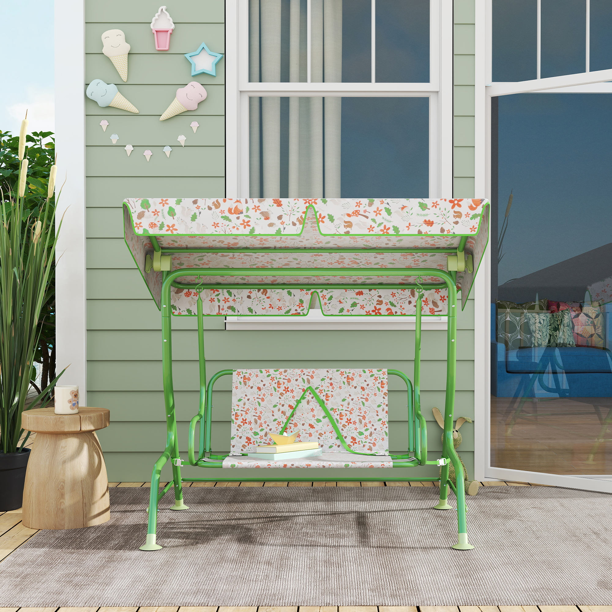 Qaba Kids Patio Swing Chair with Adjustable Canopy, Safety Belt