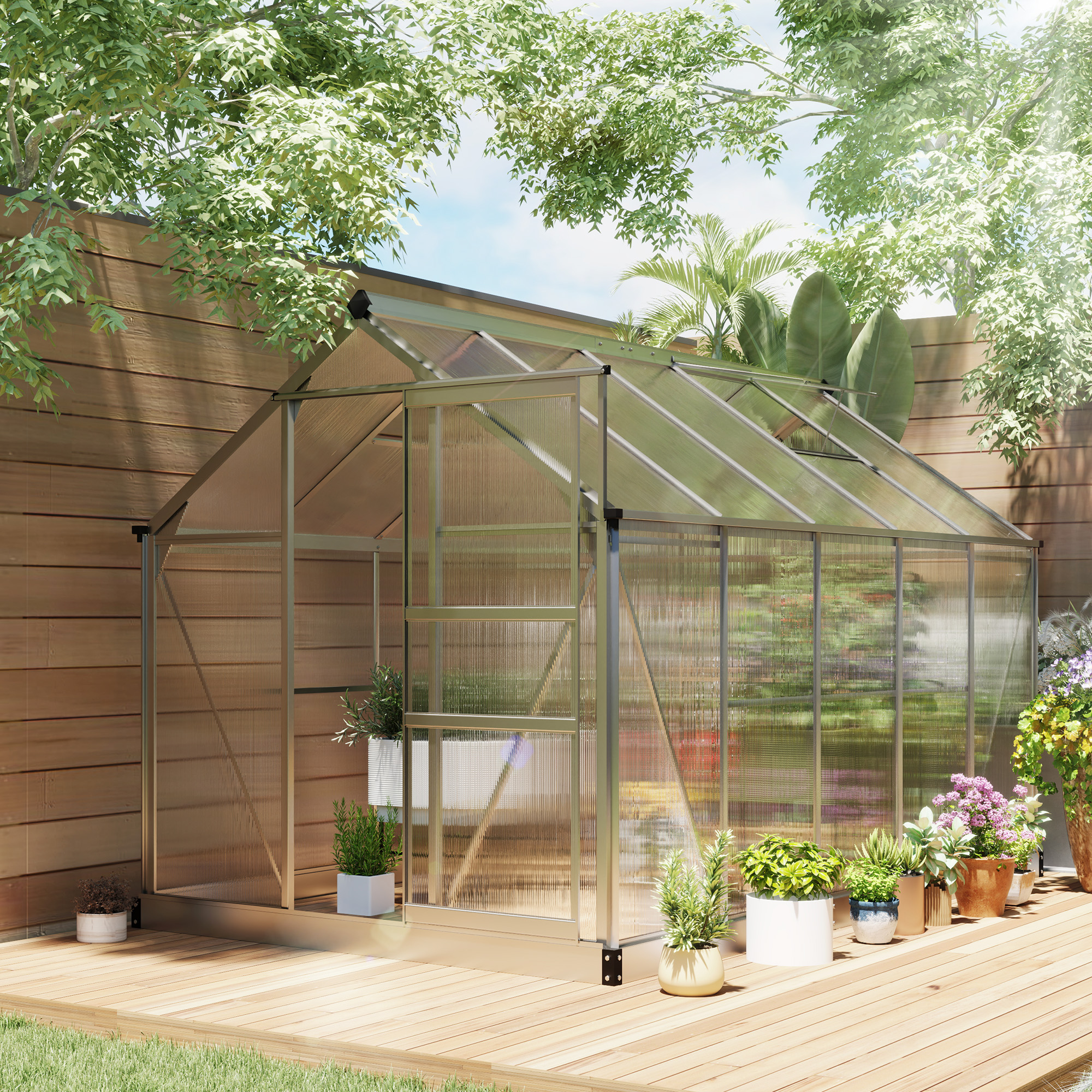 Outsunny 6' x 10' x 6.6' Polycarbonate Greenhouse, Walk-In Green House Kit Garden, Plants Grow with Rain Gutter Aosom Canada